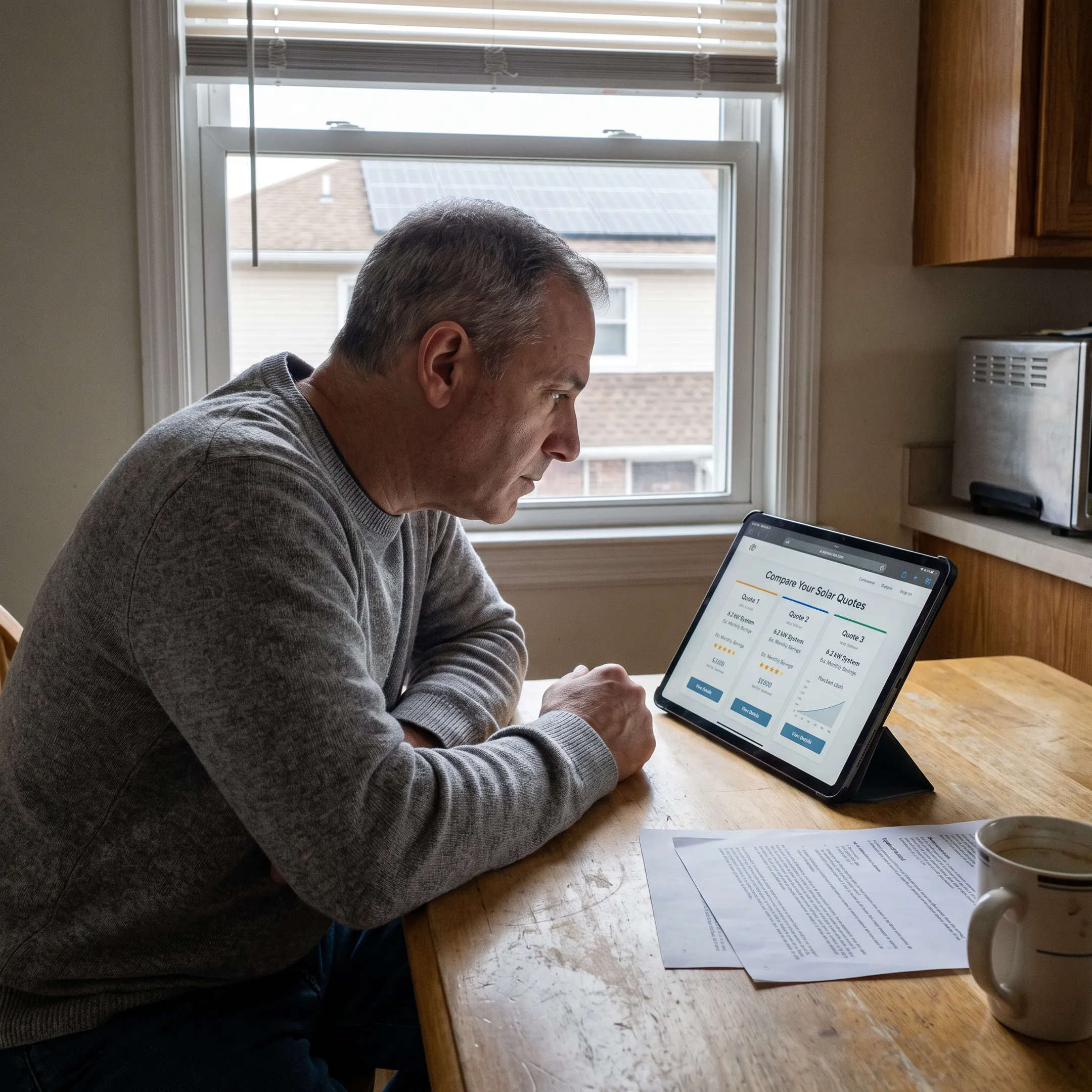 Staten Island homeowner reviewing solar contractor quotes on a tablet