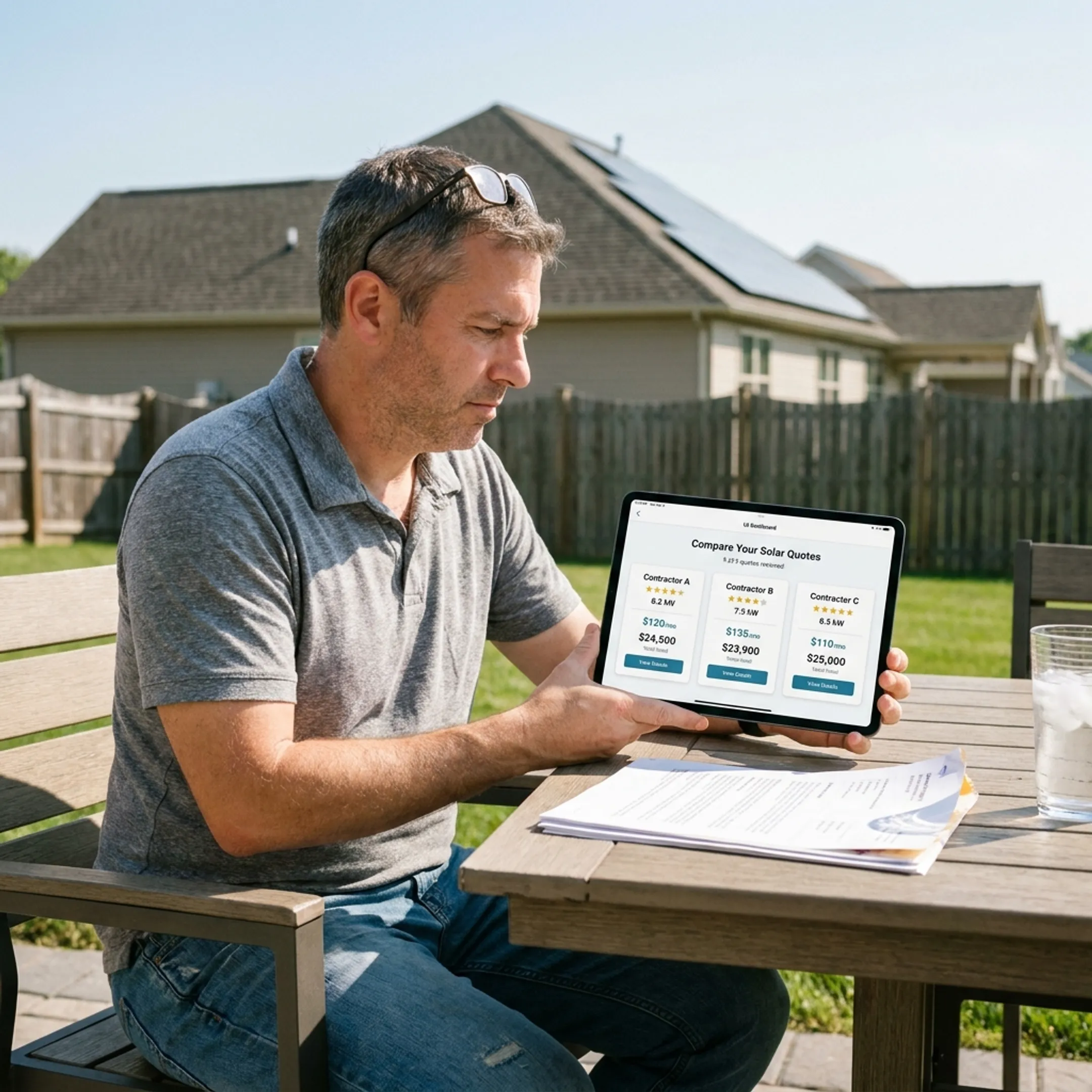Homeowner comparing solar contractor quote options on a tablet