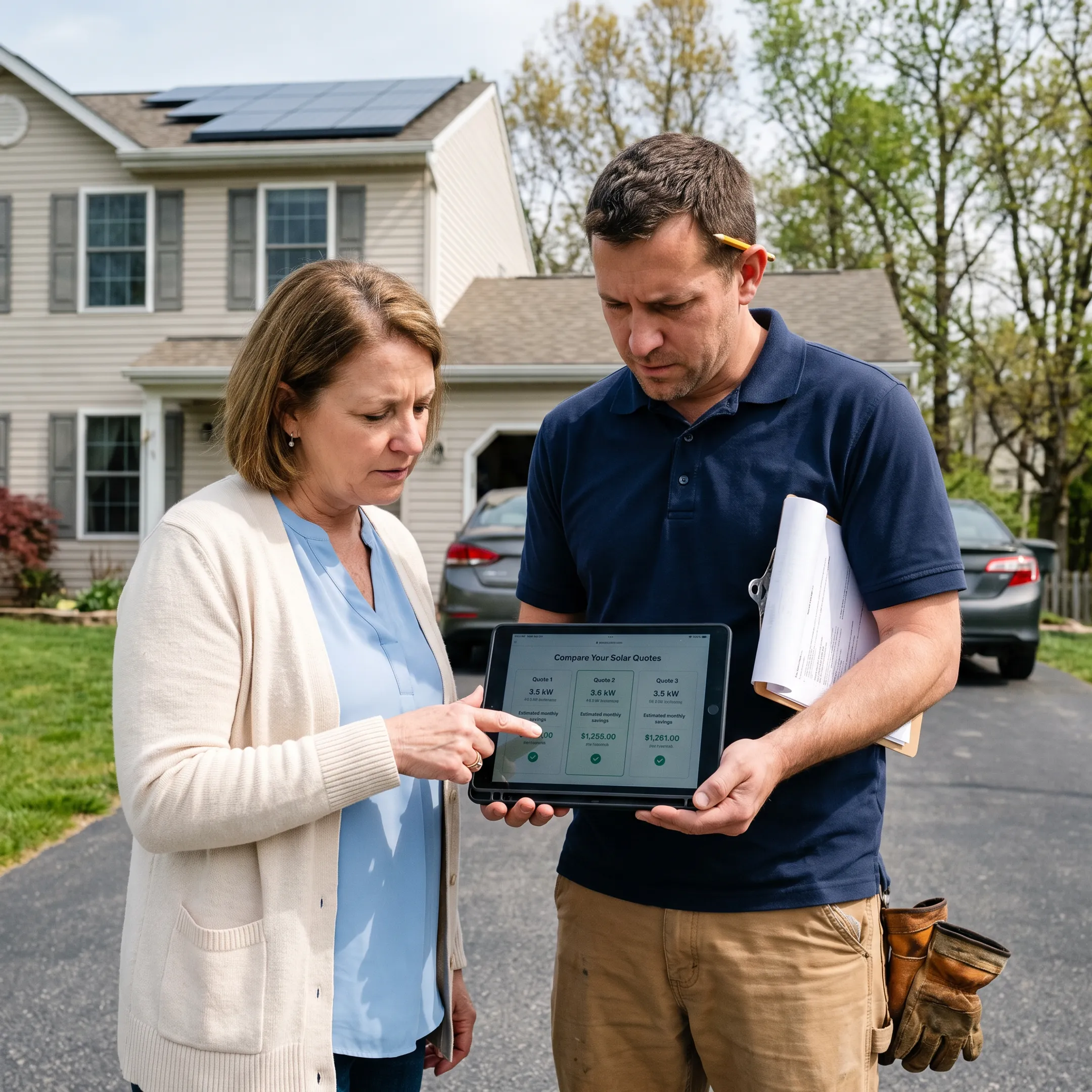 Homeowner reviewing solar installation quote options with a local contractor