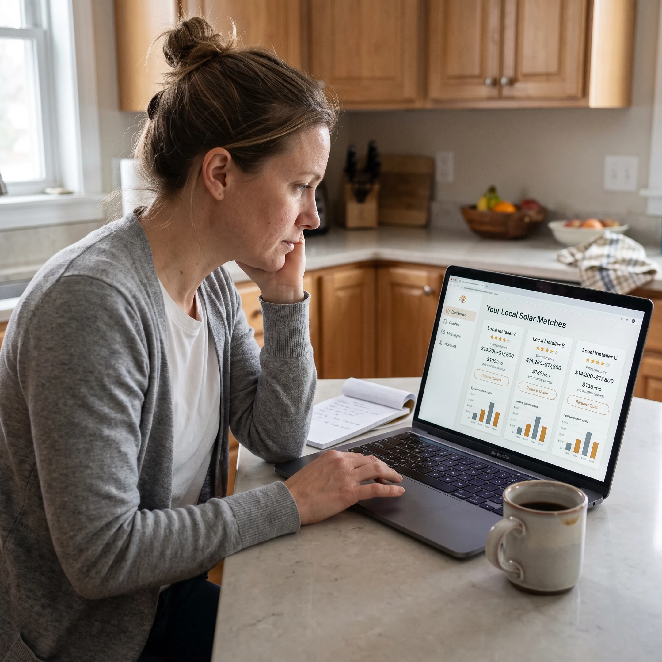 Homeowner comparing solar contractor matches on a laptop