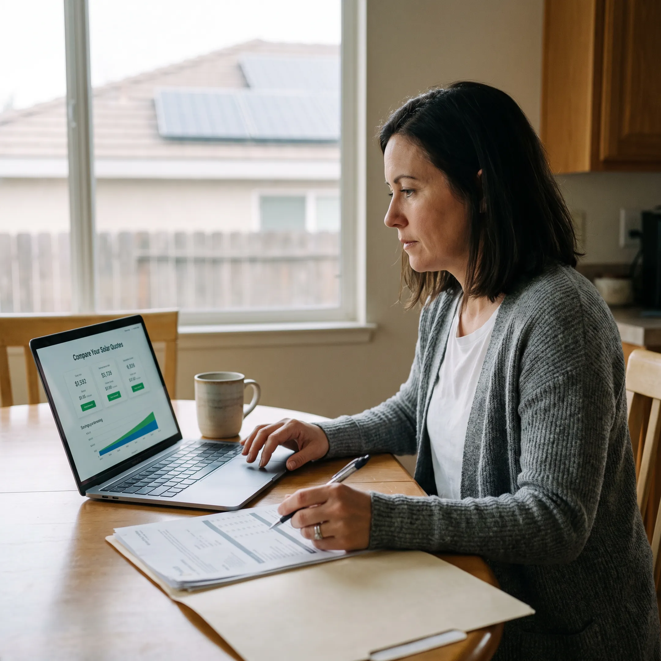 Homeowner reviewing solar contractor quote options during a consultation