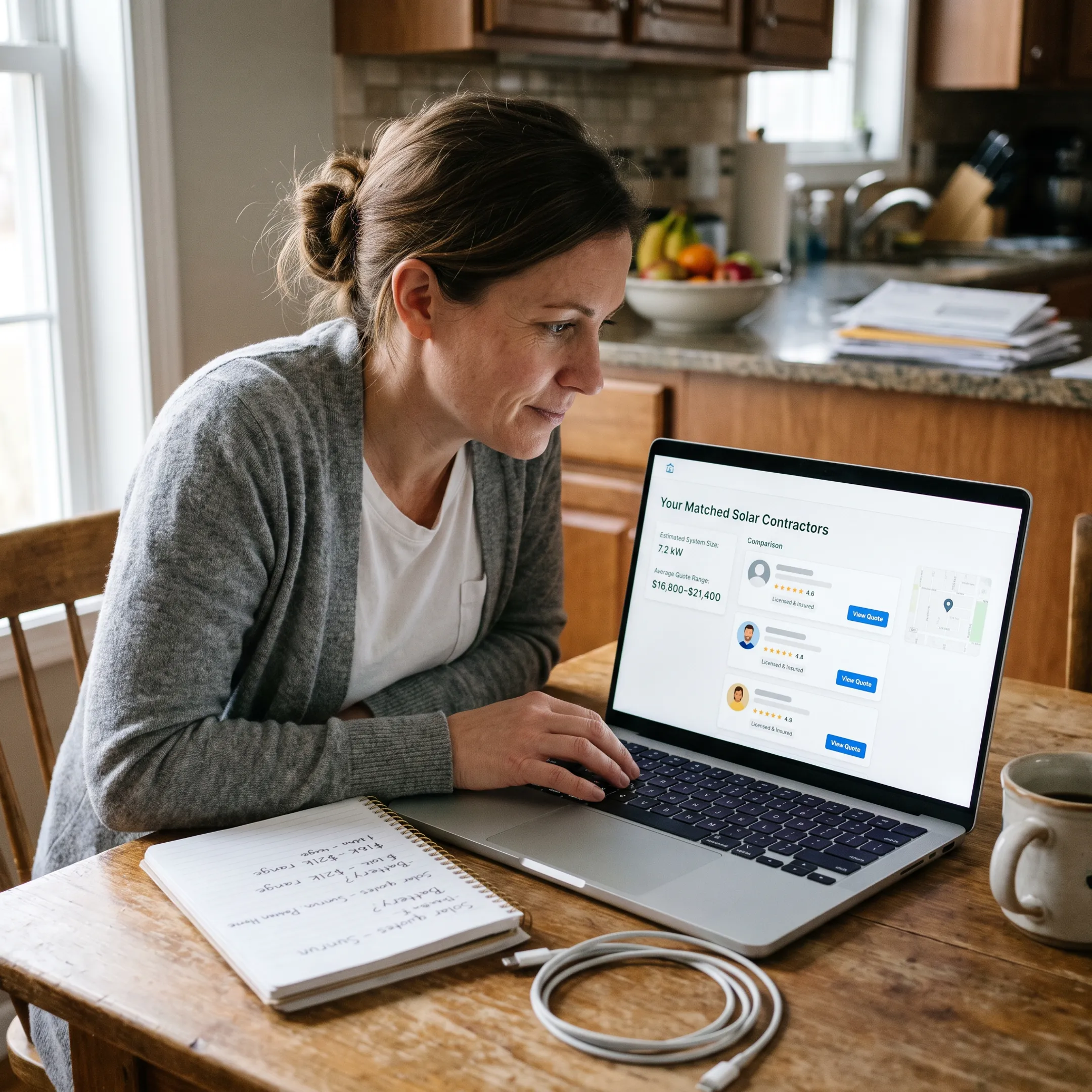 Homeowner comparing solar contractor options on a laptop