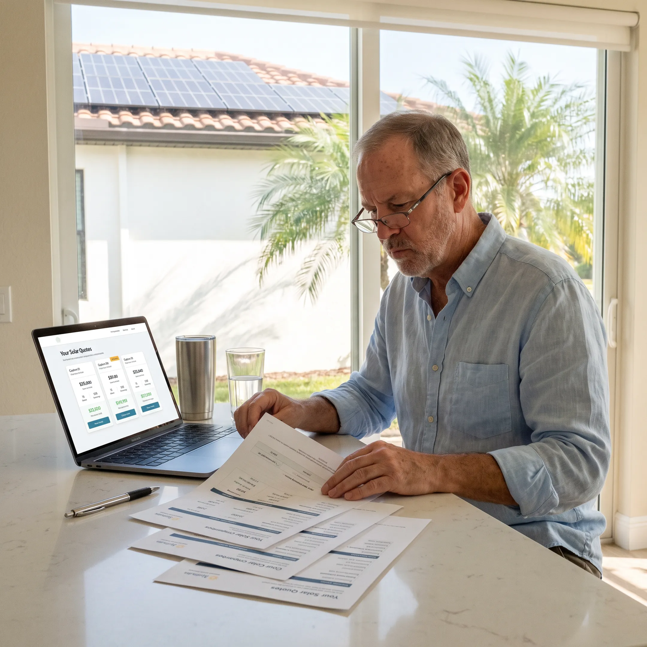 Homeowner comparing solar contractor quotes for a Naples residence