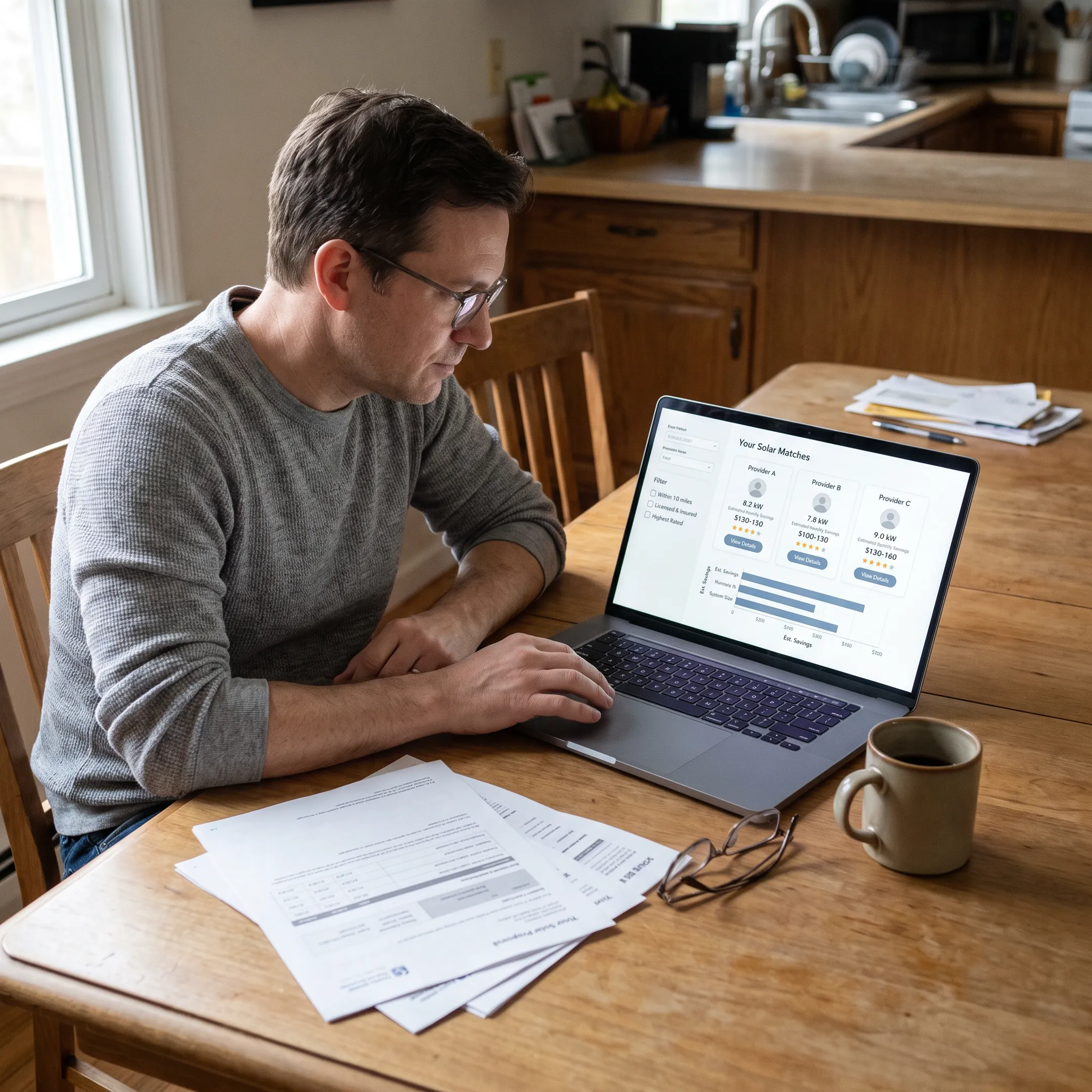 Homeowner comparing solar contractor quotes on a laptop