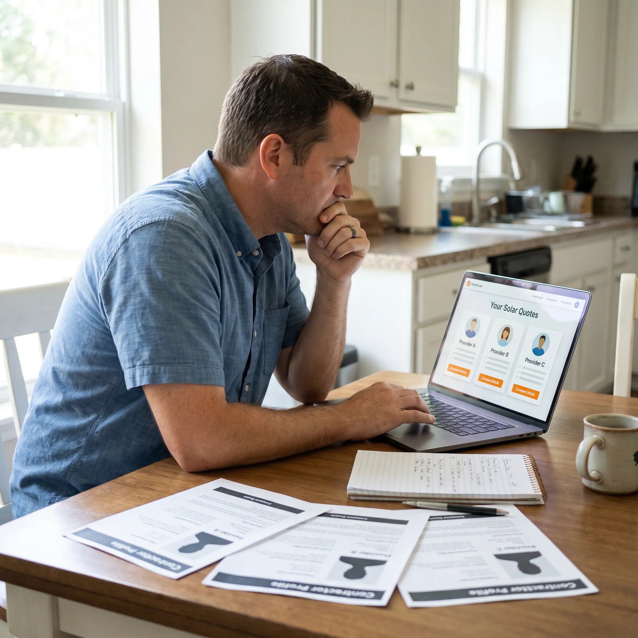 Homeowner reviewing solar installation quotes with a consultant