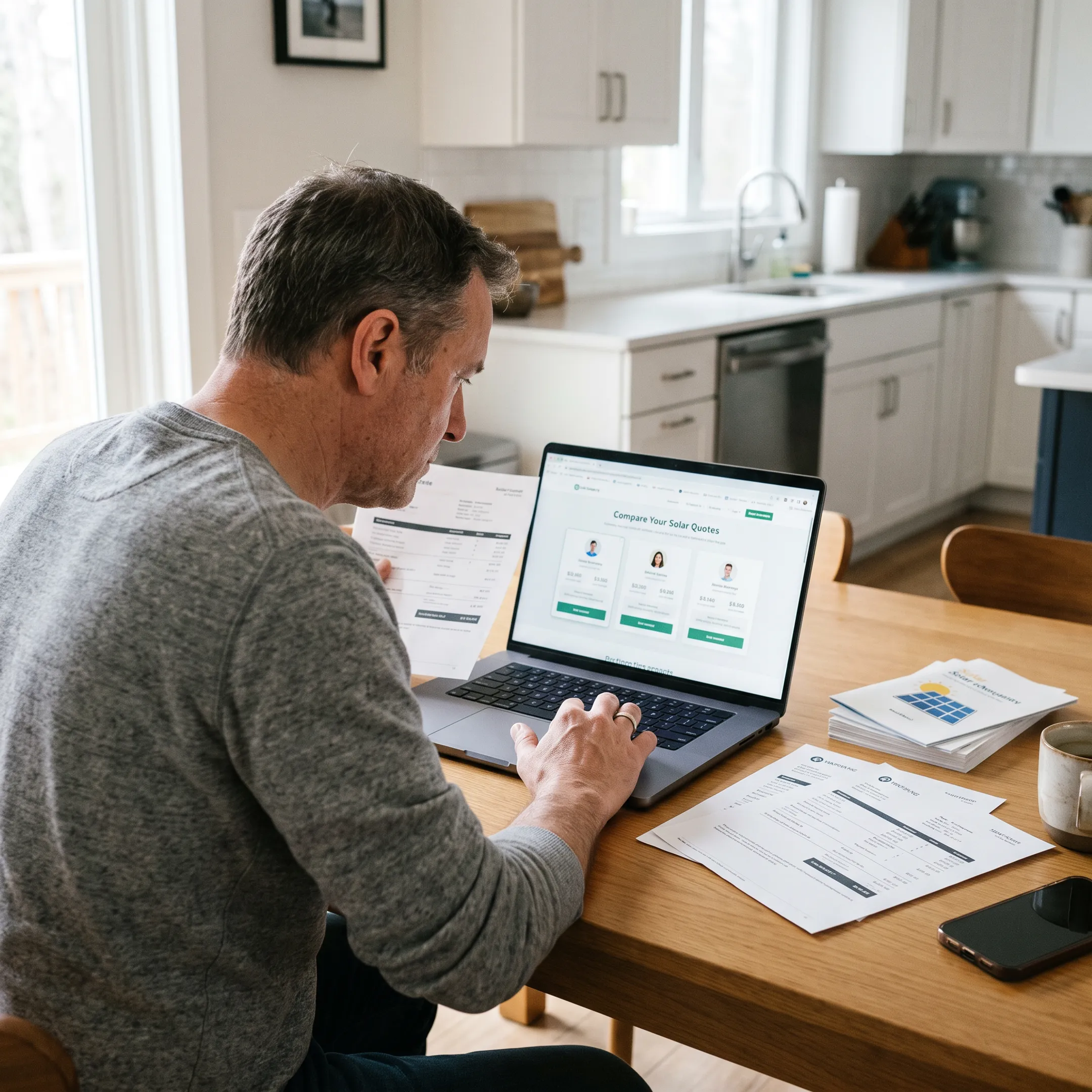 Homeowner reviewing solar contractor quotes at a kitchen table