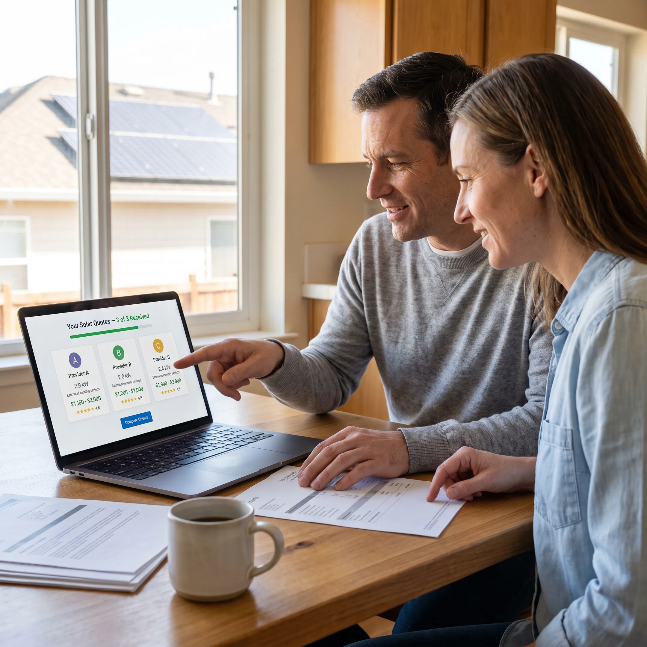 Homeowner reviewing solar contractor quotes for a California home
