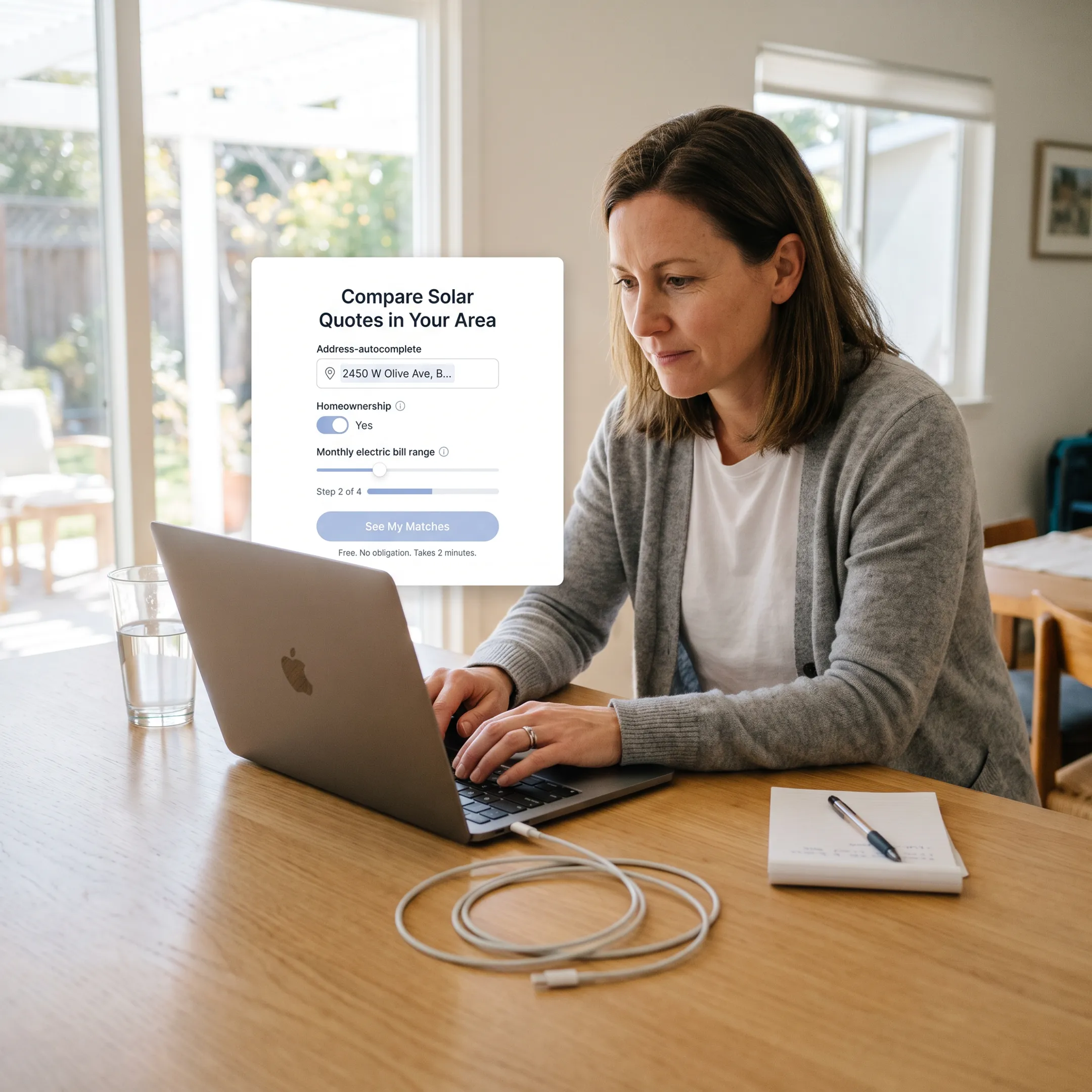 Homeowner completing a solar quote matching request online