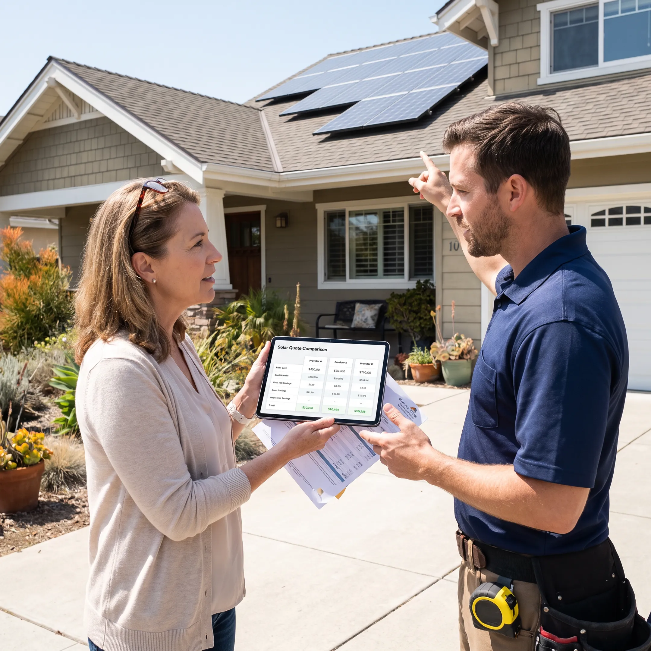 Santa Cruz homeowner reviewing solar installation quotes with a local contractor