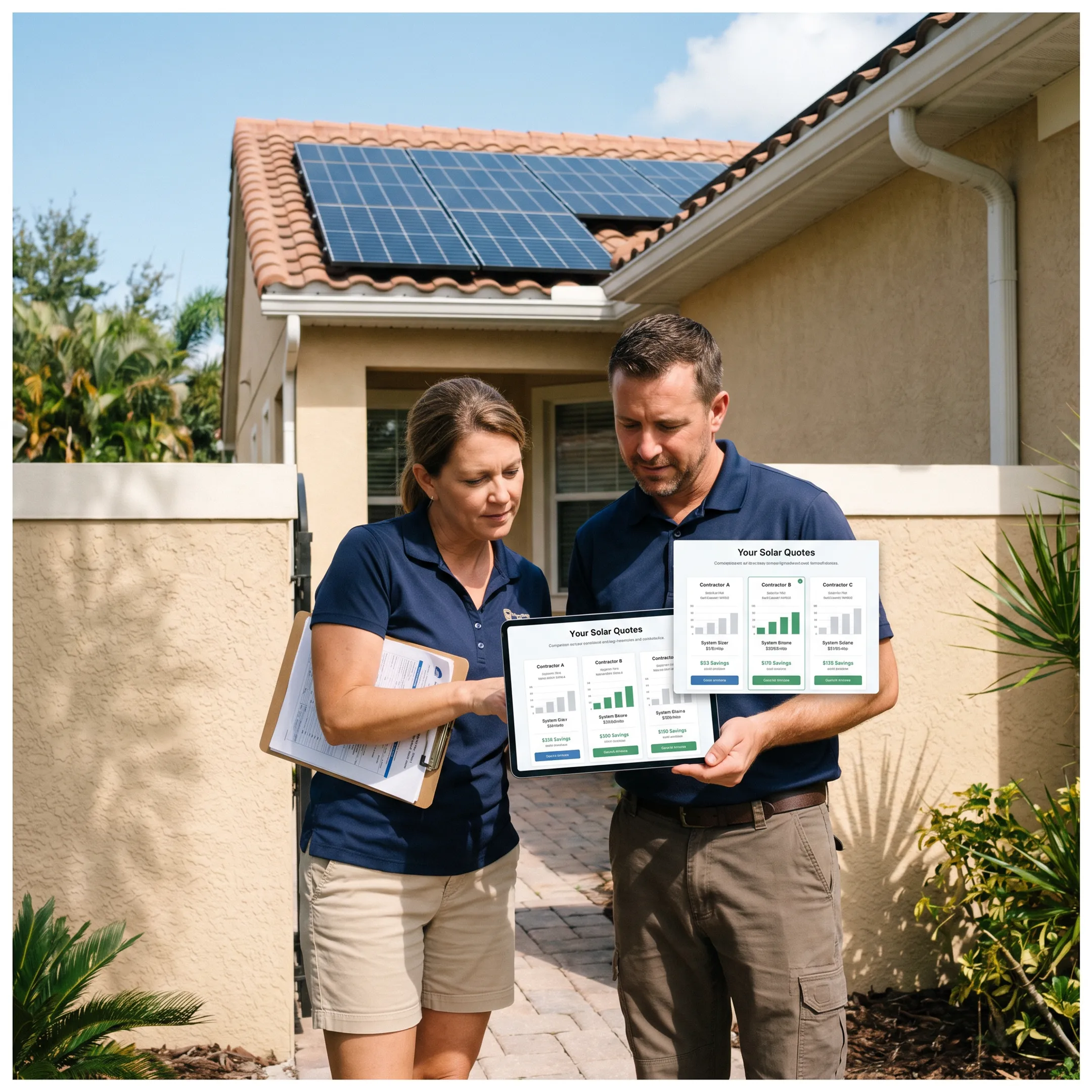 Homeowner reviewing solar installation quotes with a contractor at a Florida residence