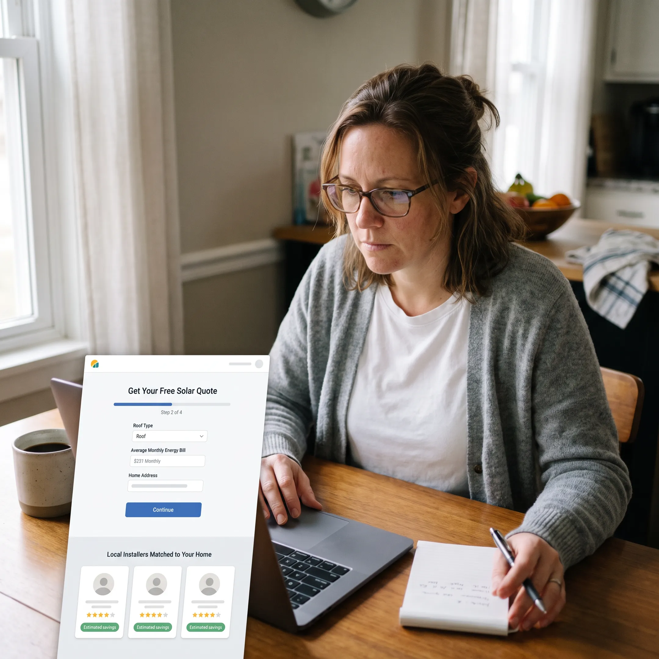 Homeowner completing an online solar quote matching form on a laptop