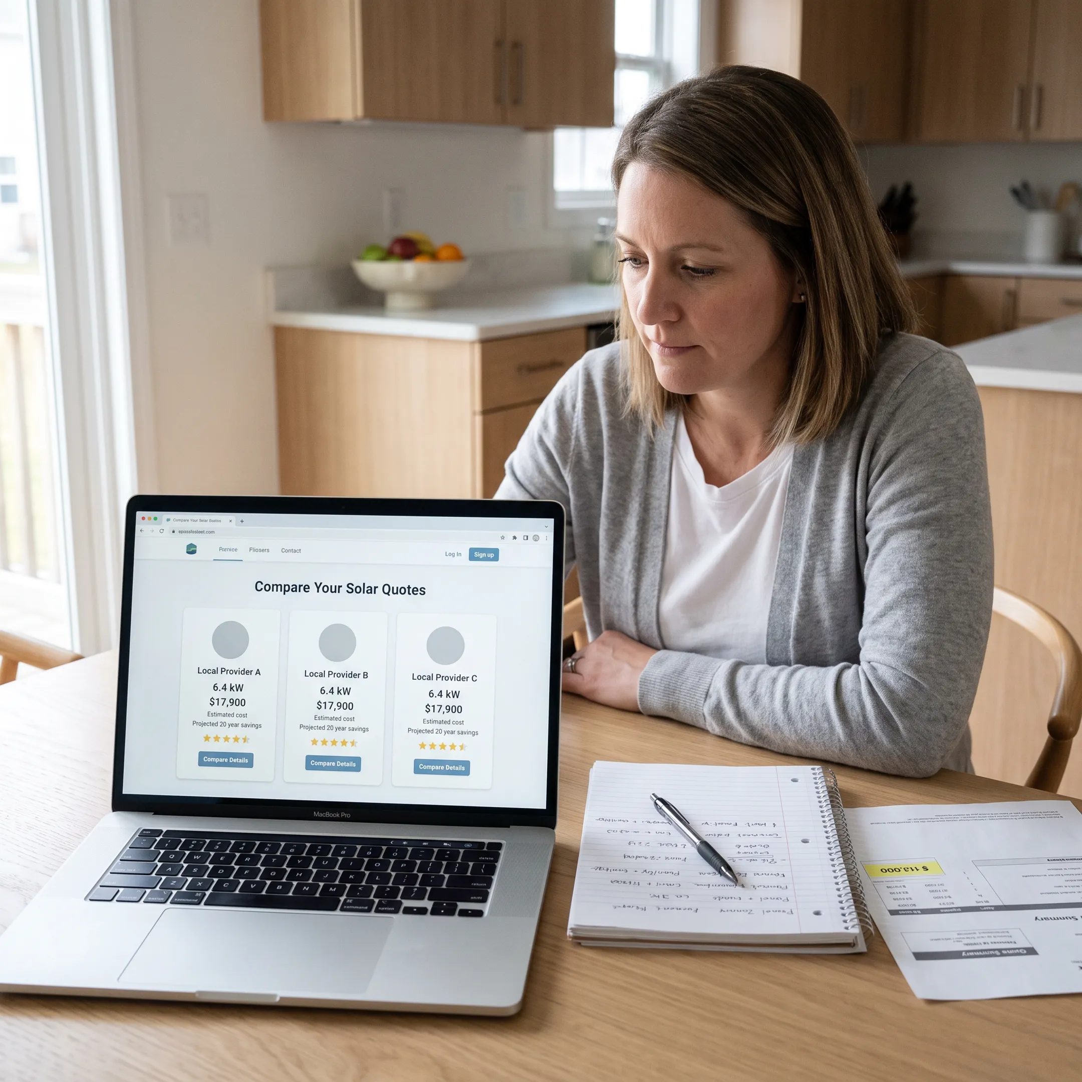 Homeowner comparing solar contractor quote options