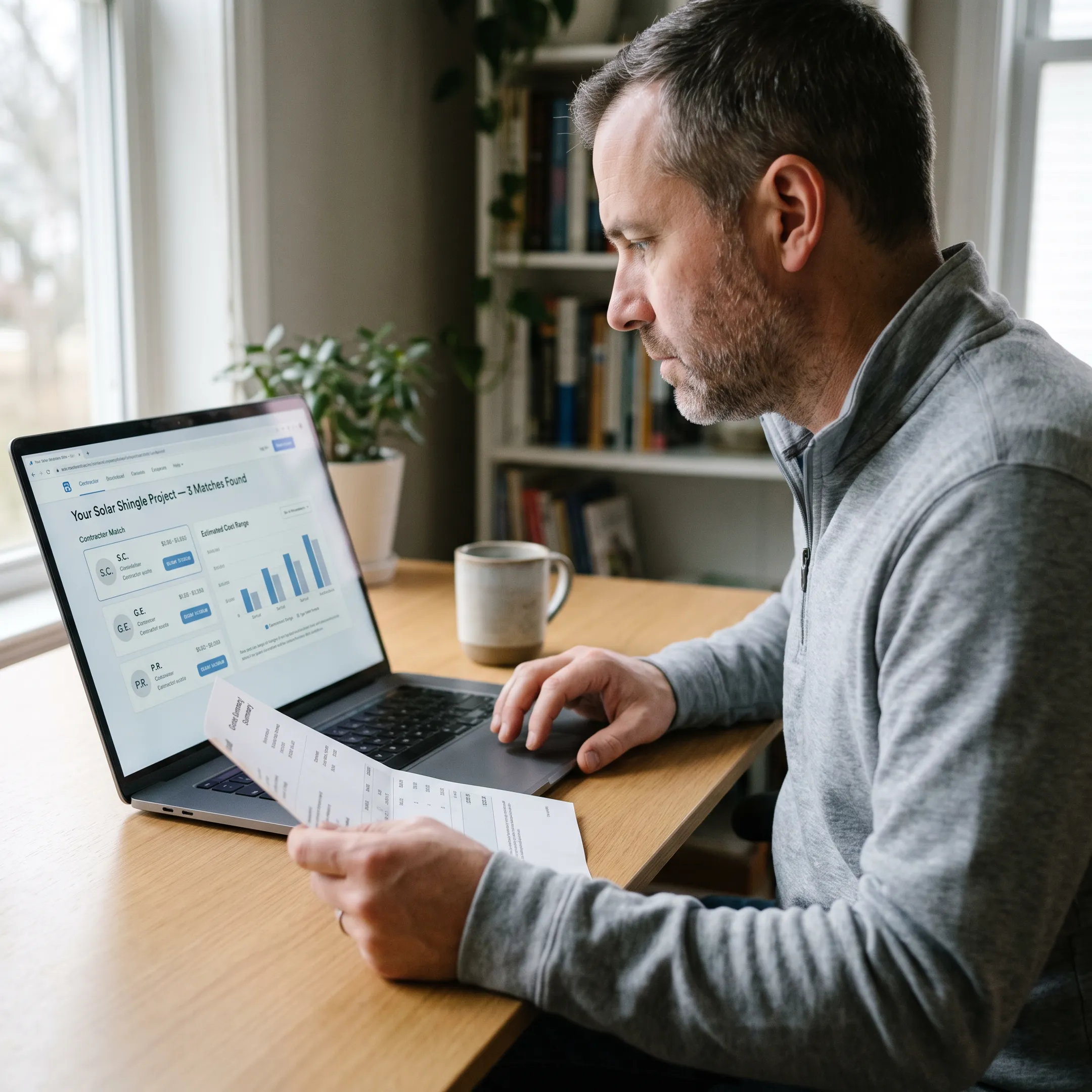Homeowner comparing solar shingle contractor quotes online