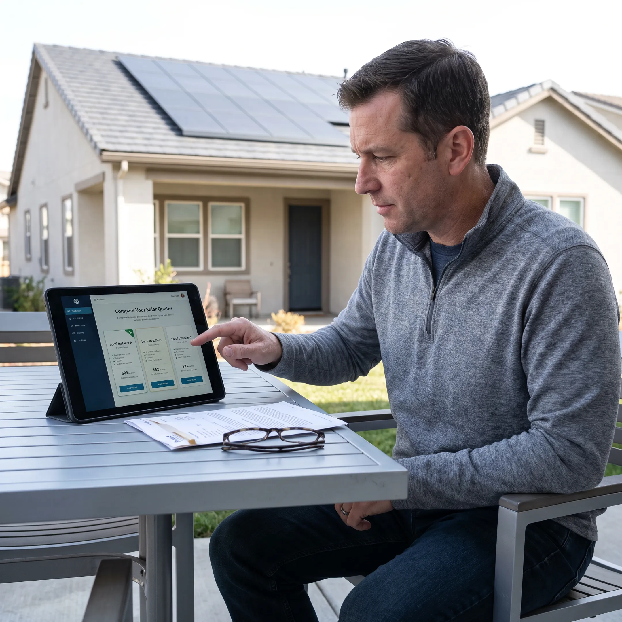 Home with solar shingles and a homeowner reviewing installation options