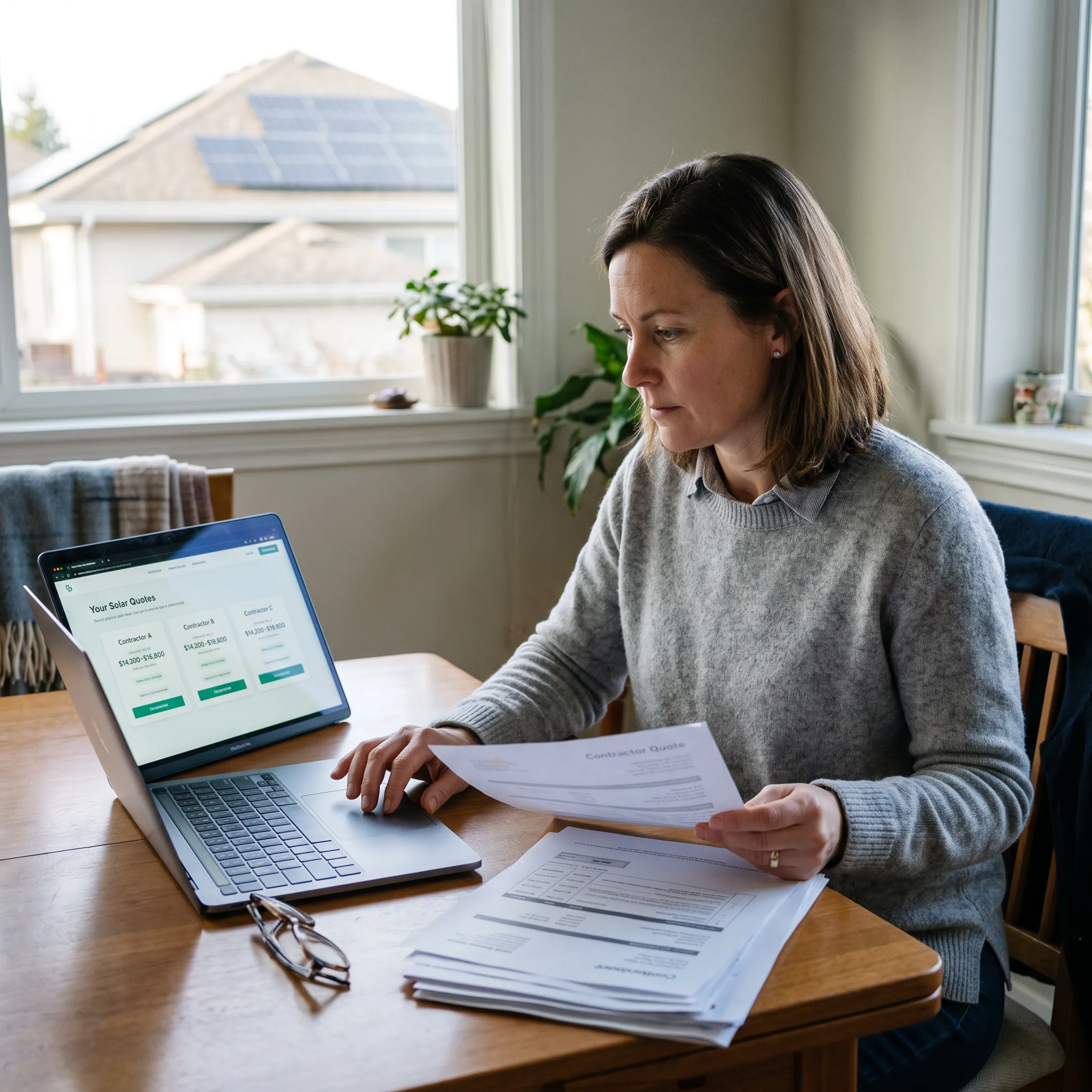 New York homeowner reviewing solar installation quotes on a laptop