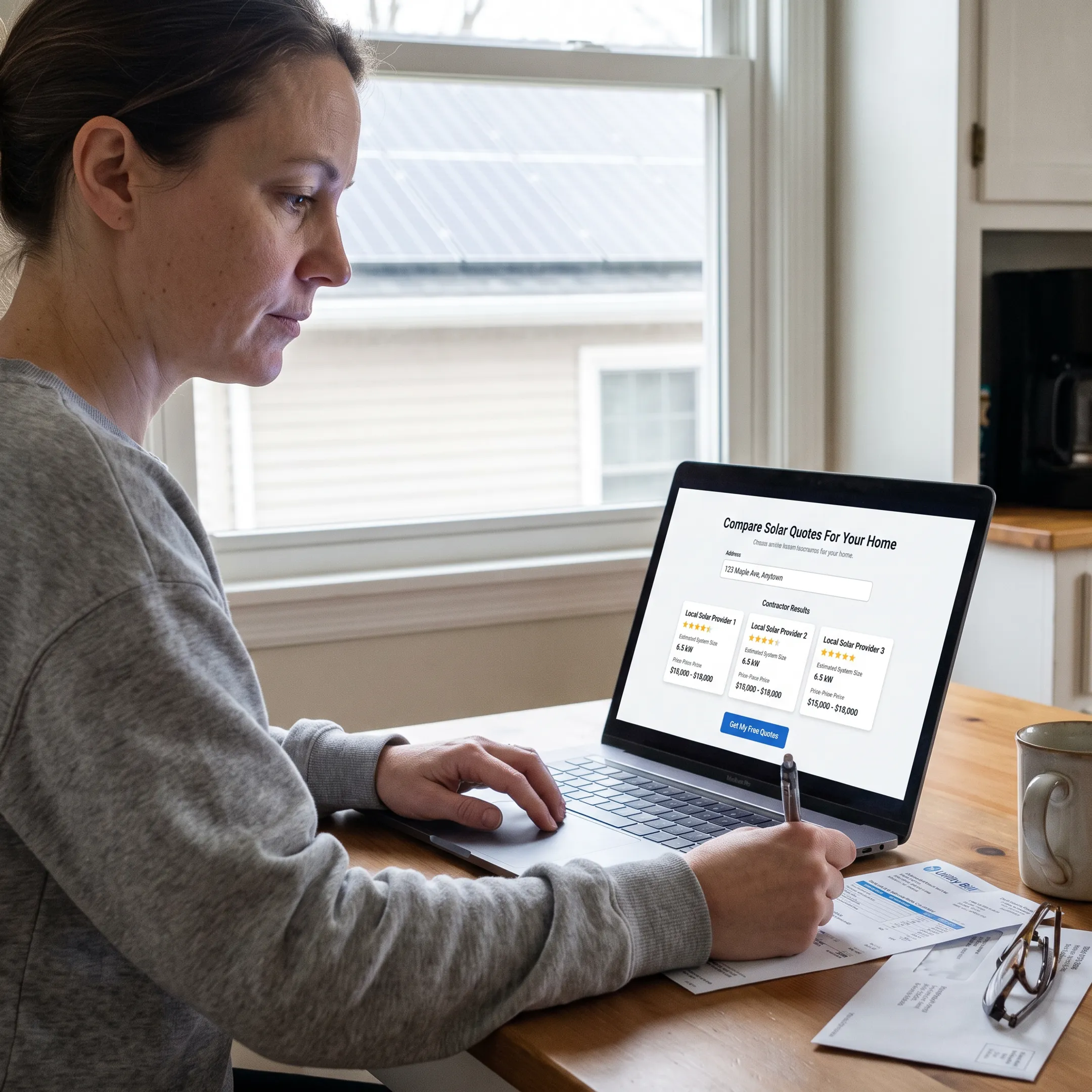 Homeowner completing a solar quote matching form at home