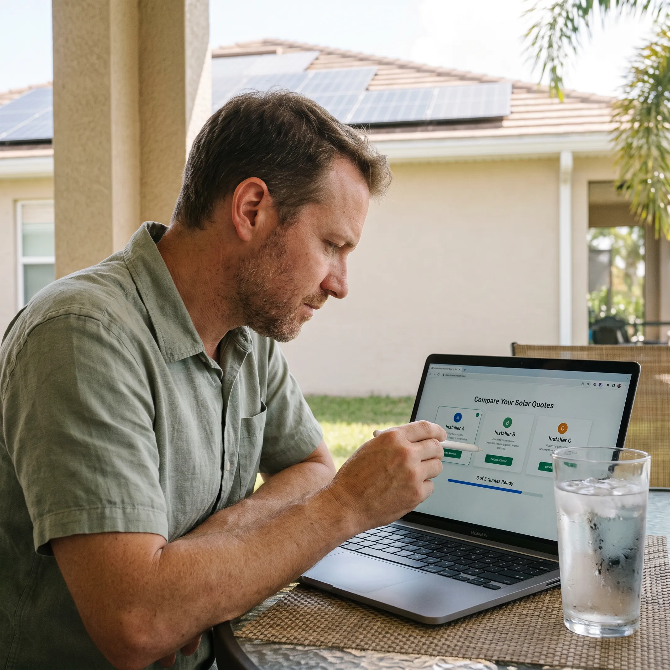 Homeowner comparing solar contractor quote options