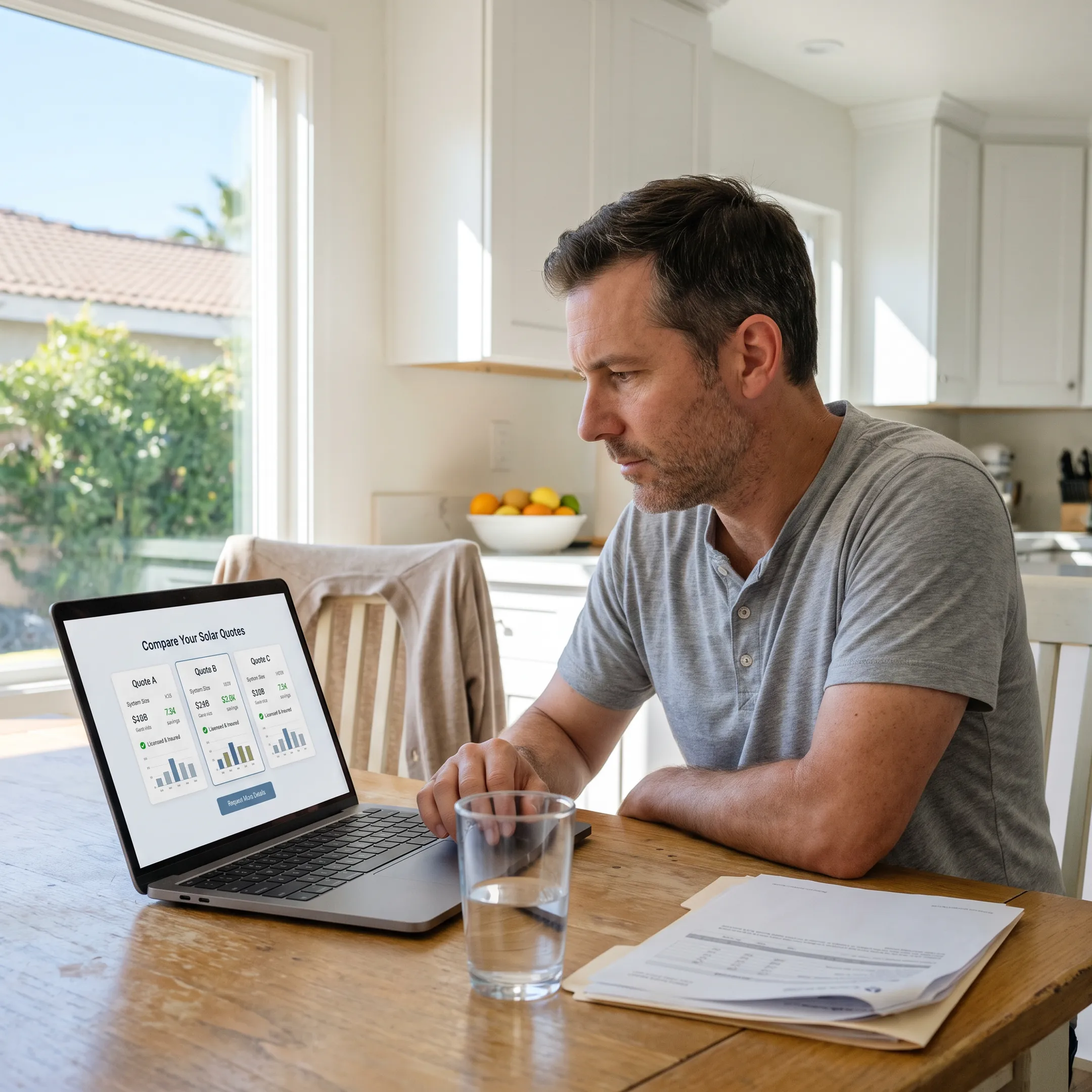 San Diego homeowner reviewing solar contractor quote options at home