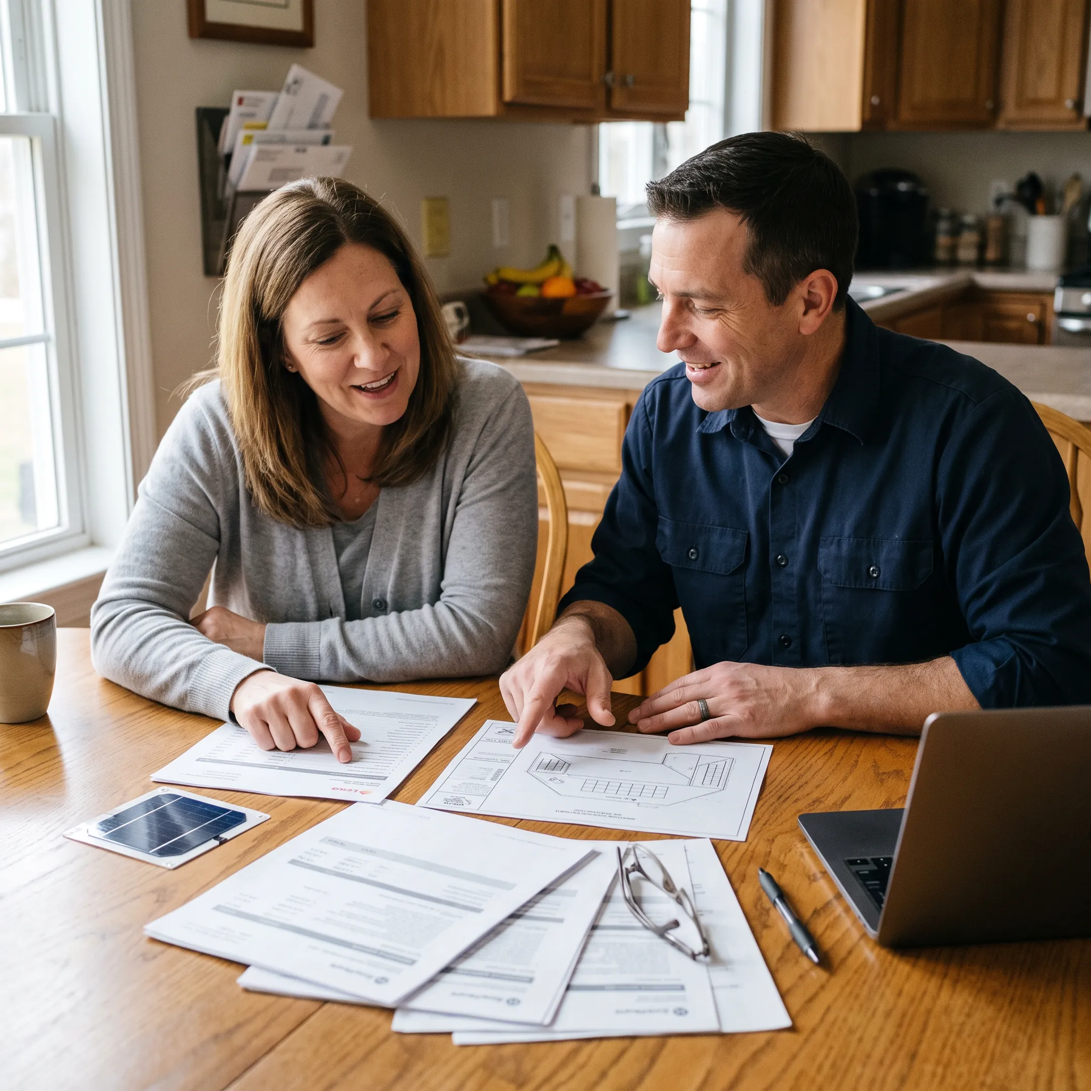 Pennsylvania homeowner reviewing solar installation plans with a local contractor