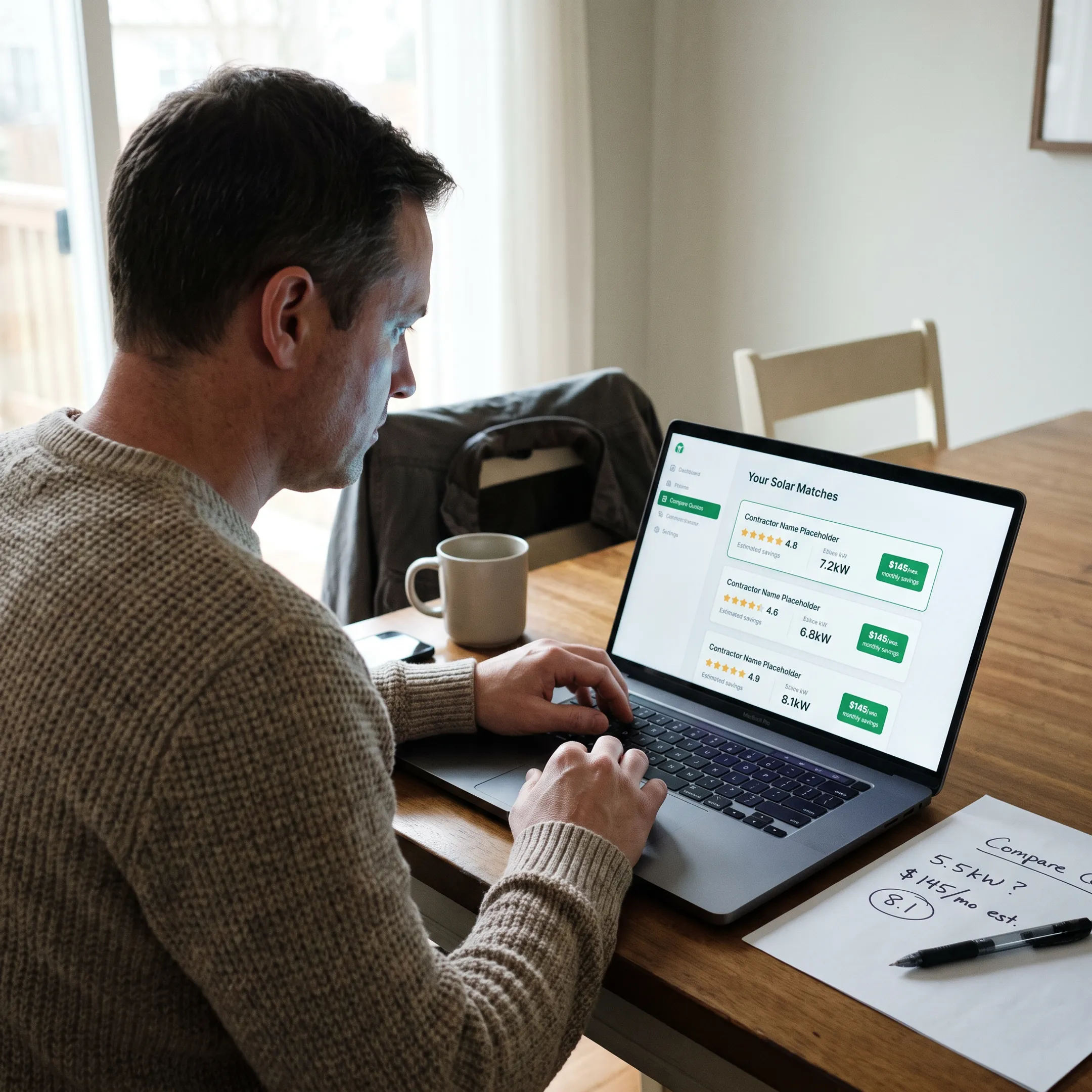 Homeowner comparing solar contractor quotes on a laptop