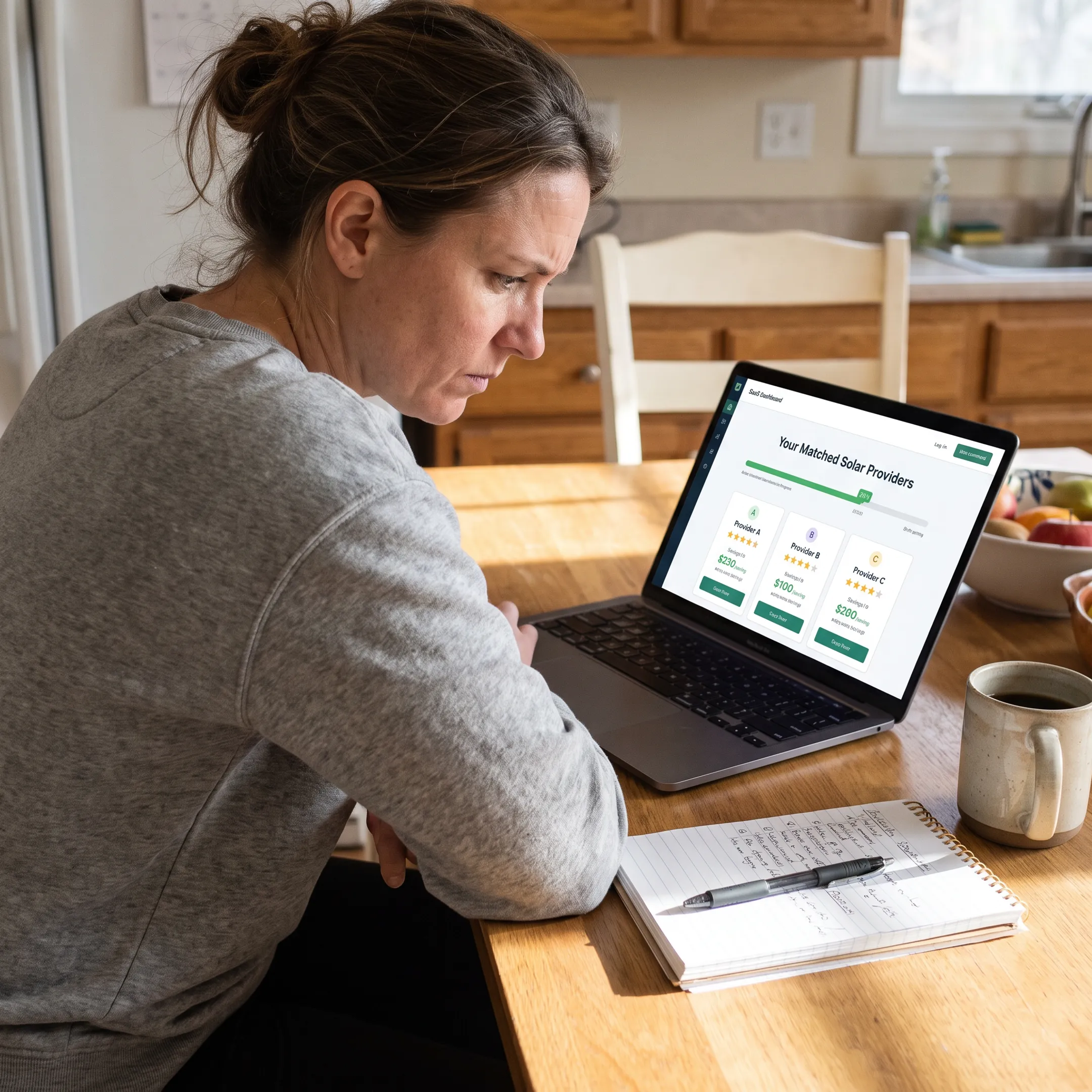 Homeowner reviewing matched solar contractors and quote options