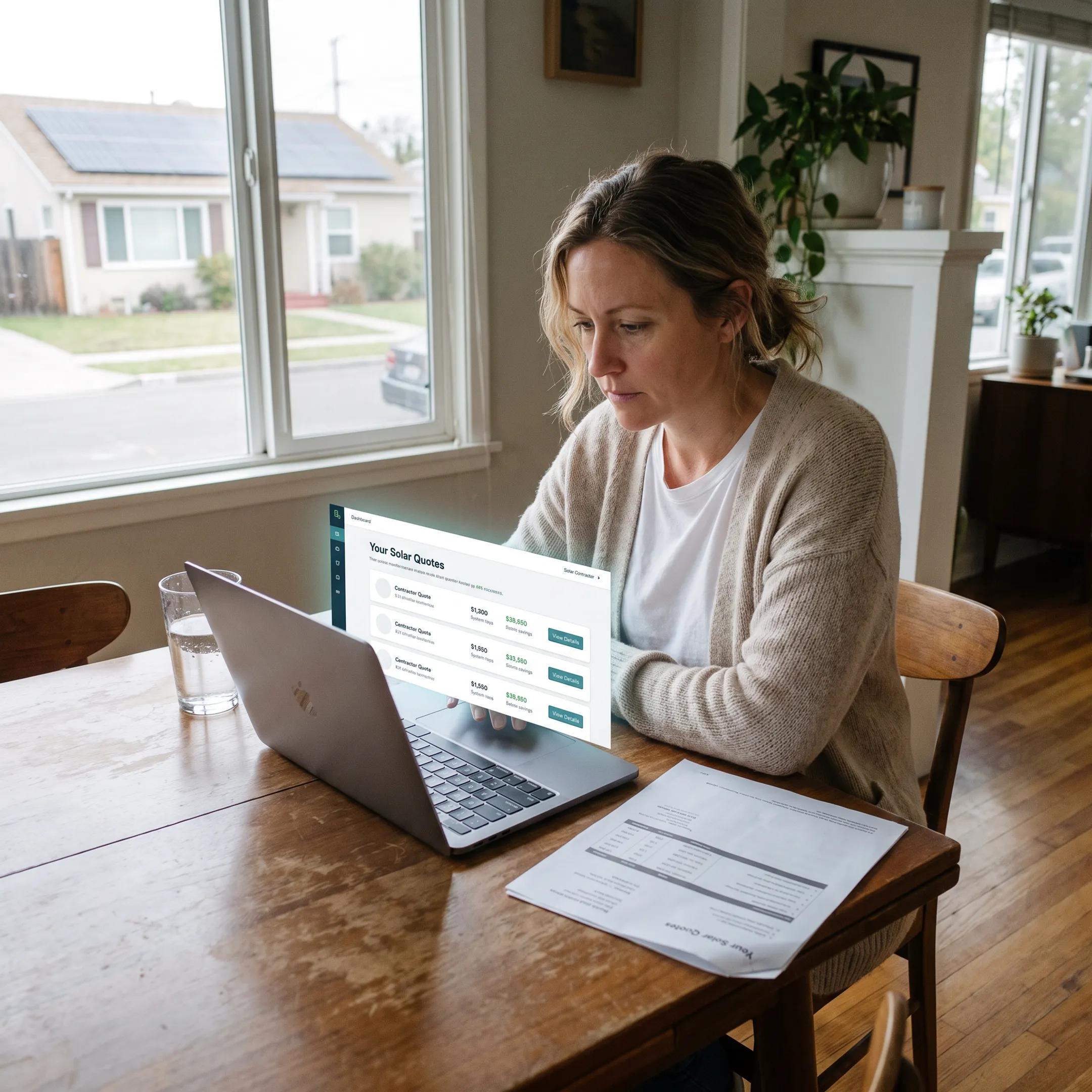 California homeowner reviewing solar contractor quote options on a laptop