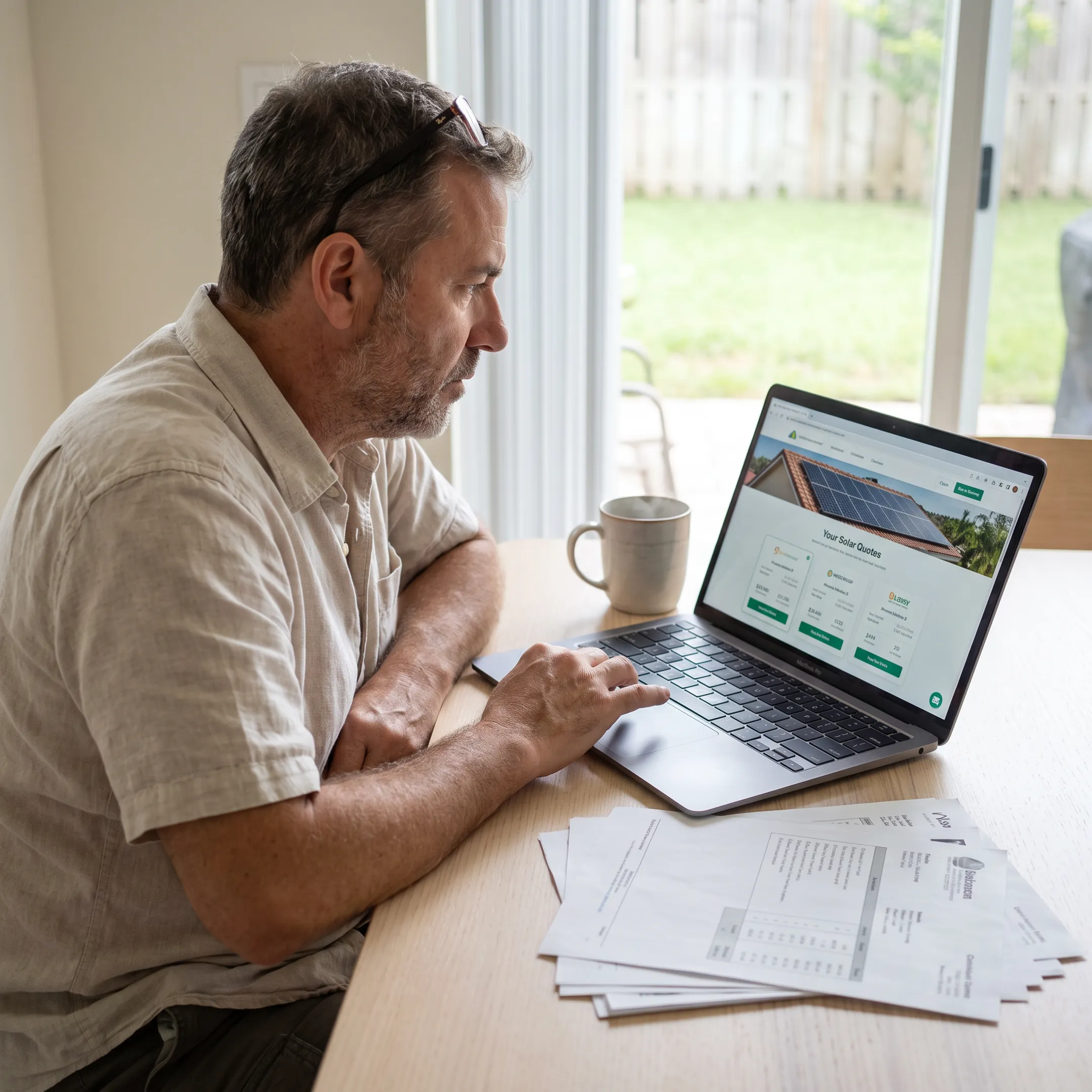 Homeowner reviewing solar installation quotes with a contractor on a laptop