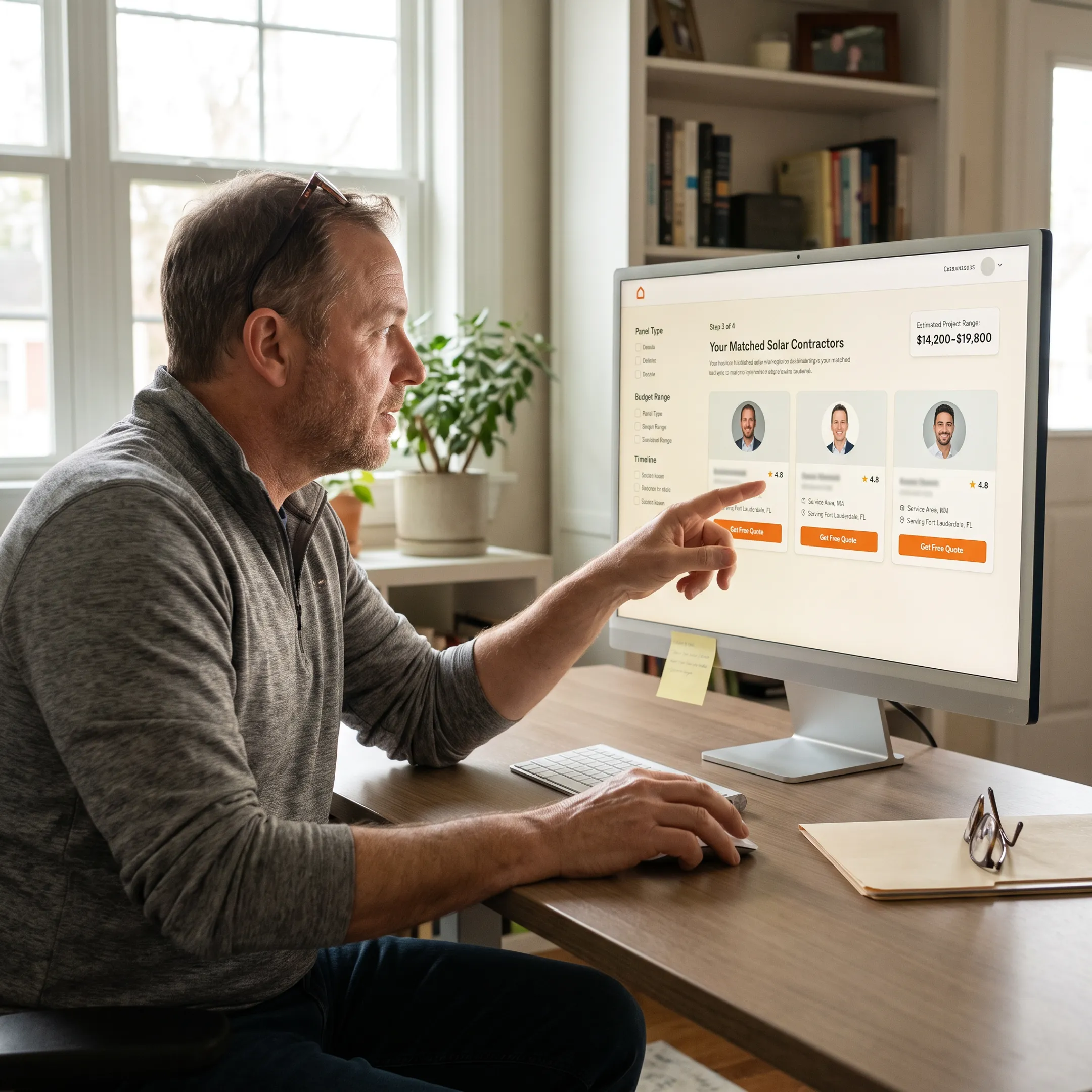 Homeowner comparing solar contractor matches and project quotes online