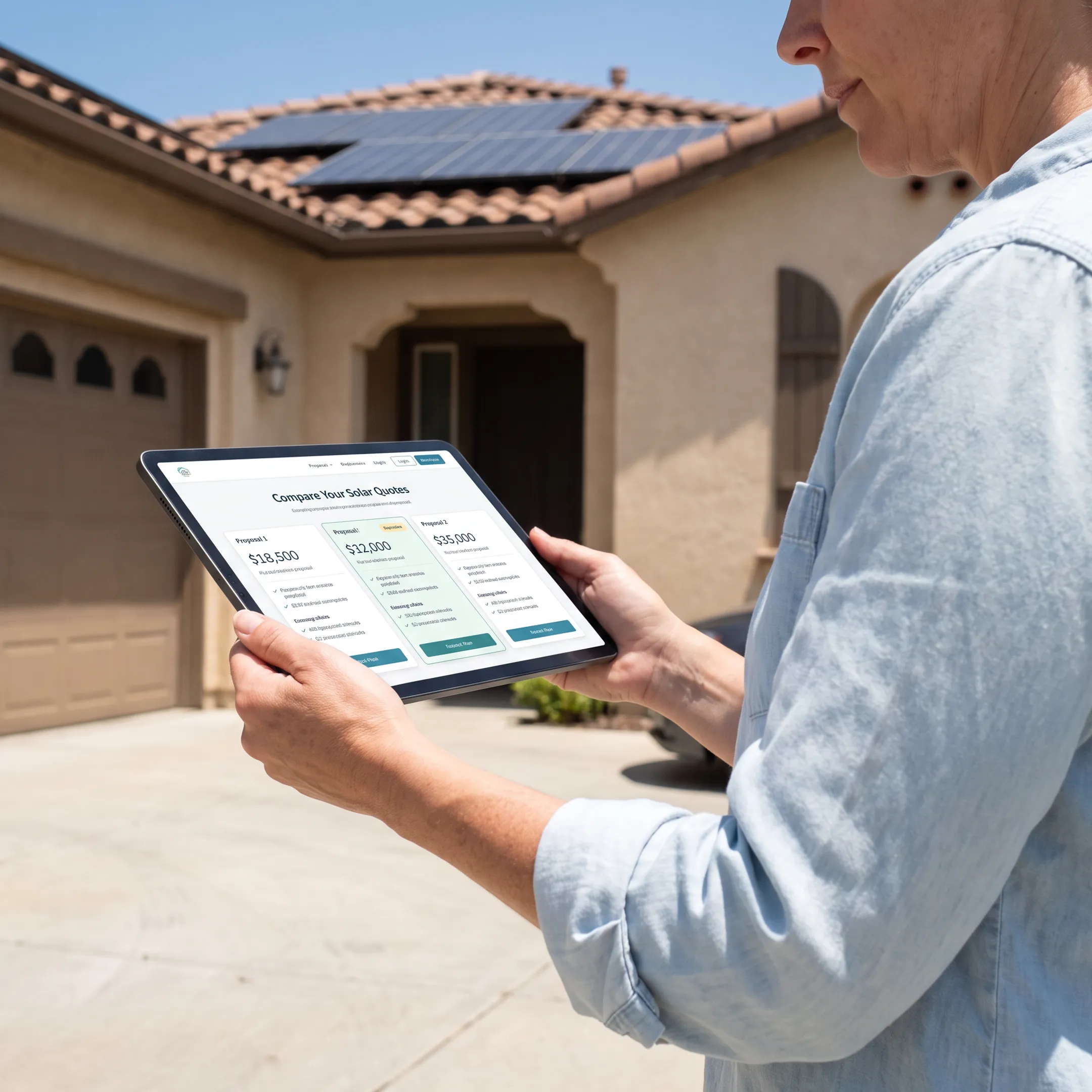 Homeowner comparing solar contractor quotes beside a California residence
