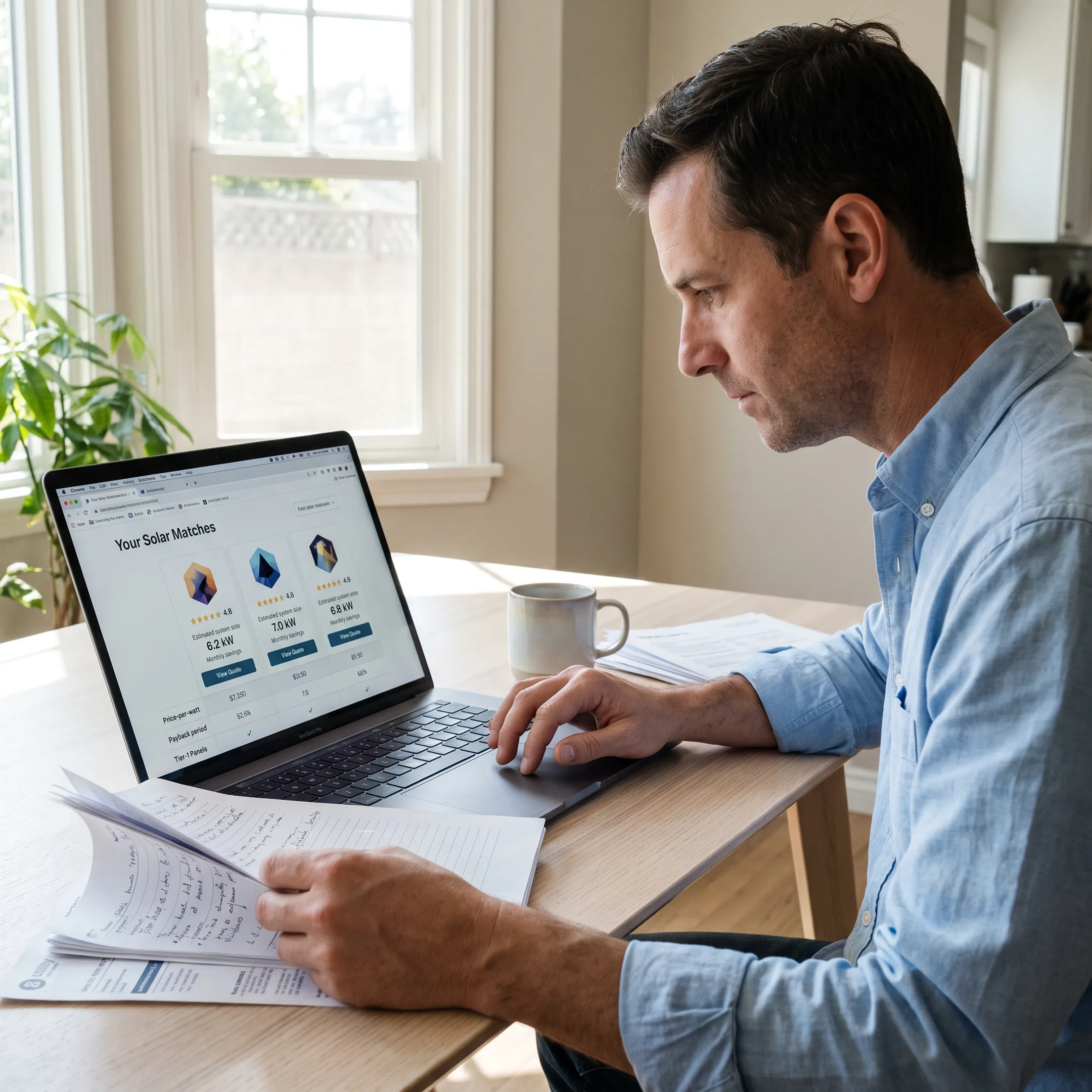 Homeowner comparing solar contractor matches and project quotes online