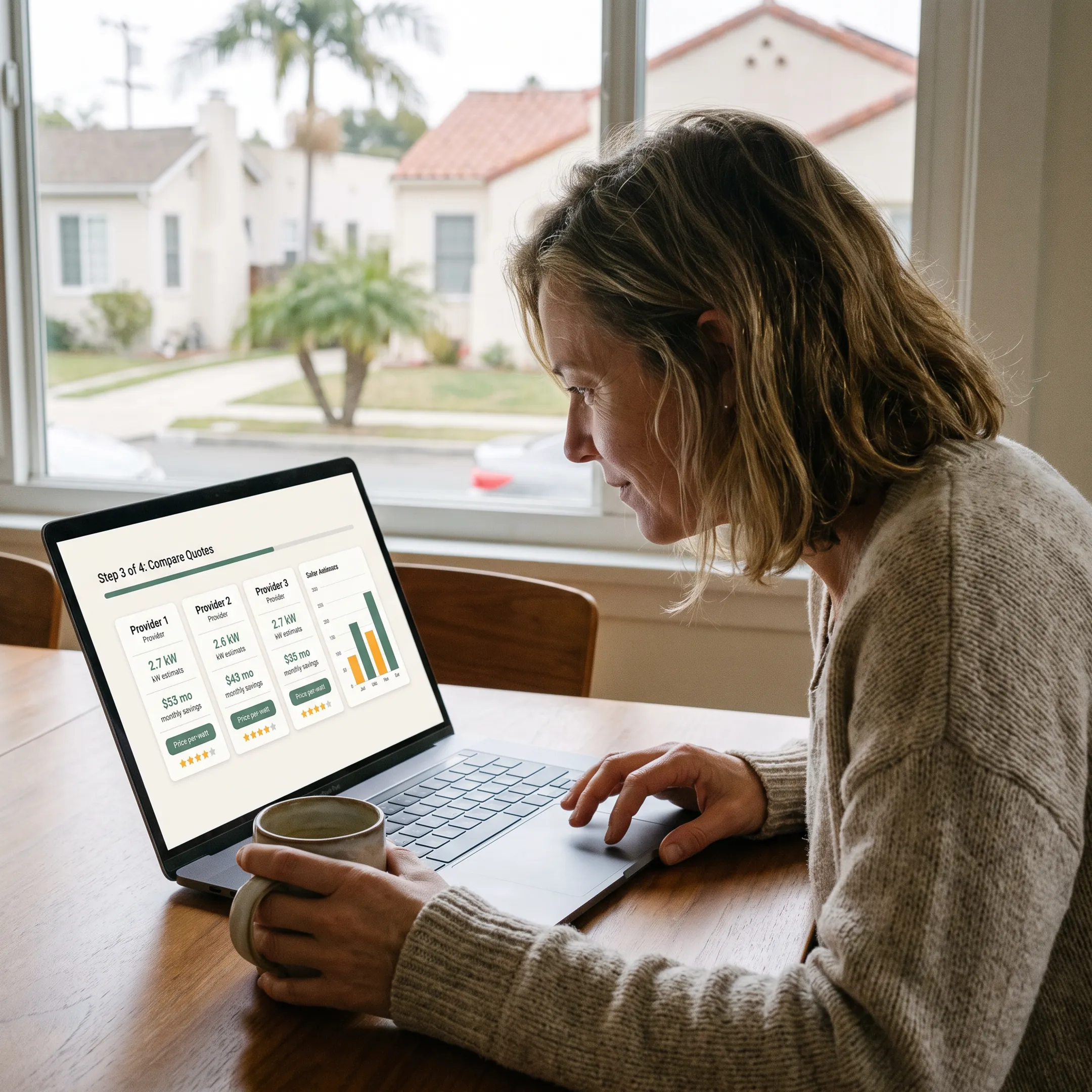 Los Angeles homeowner reviewing solar contractor quote options online