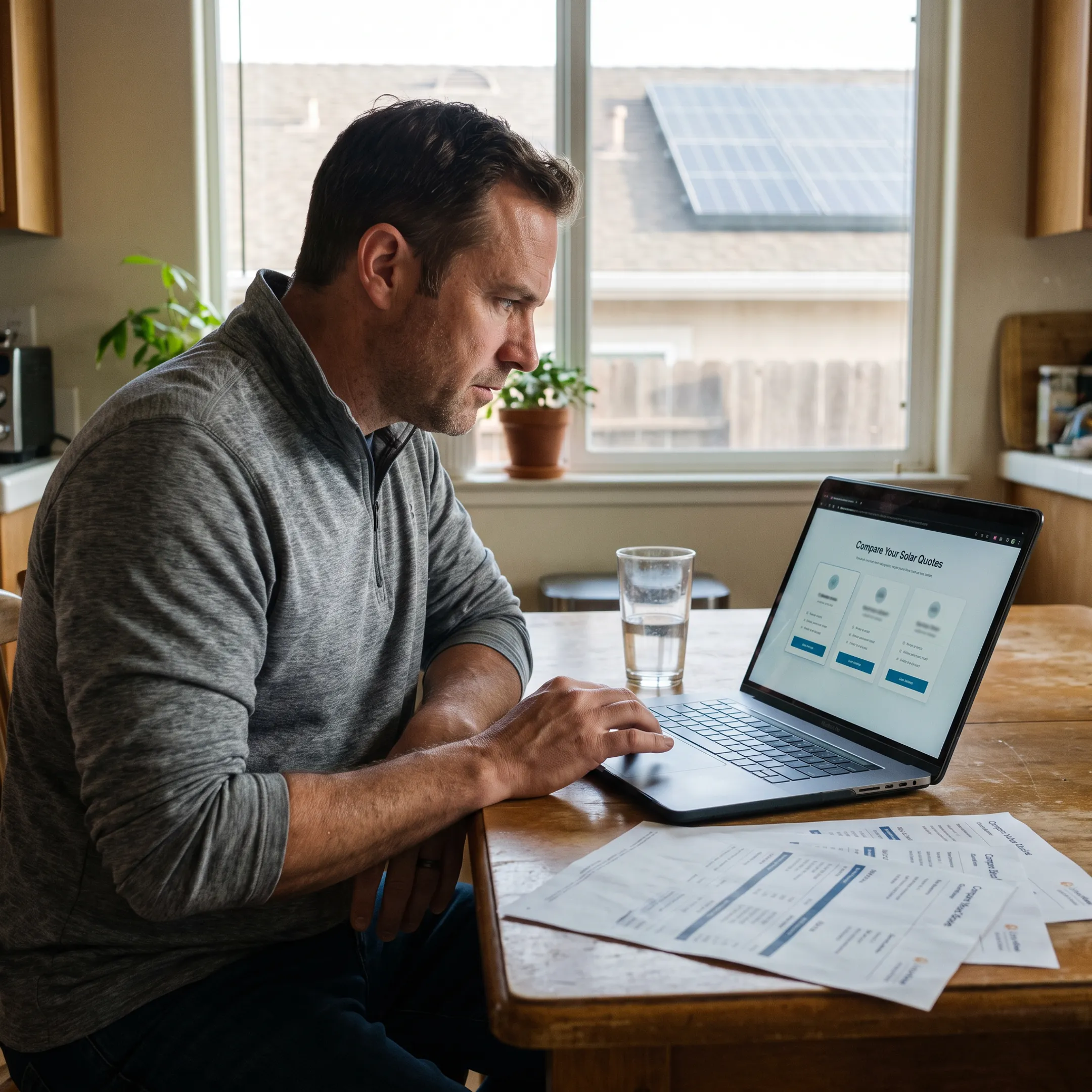 Homeowner reviewing solar installation quotes with a consultant at a California home