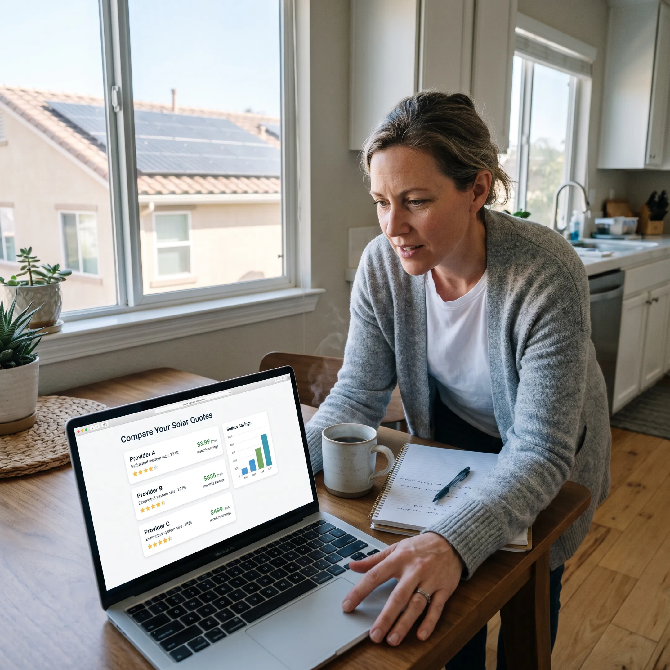Homeowner reviewing solar contractor quotes at a kitchen table
