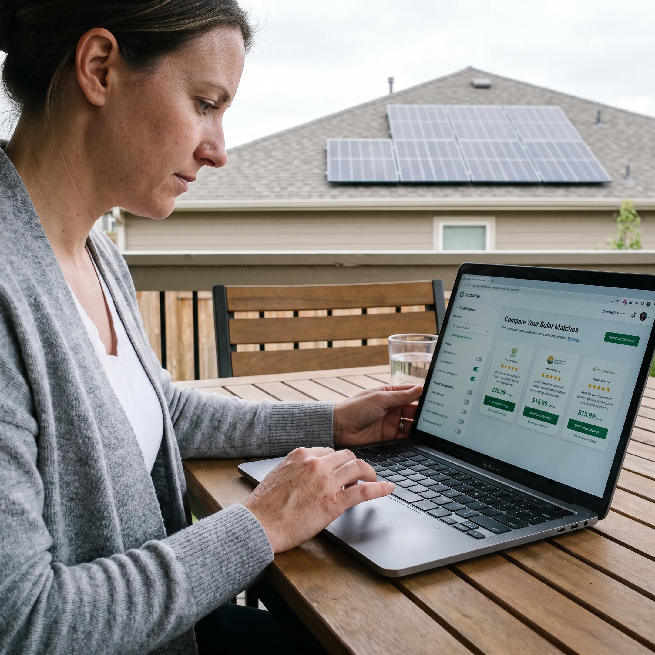 Homeowner reviewing matched solar contractors and project quote options