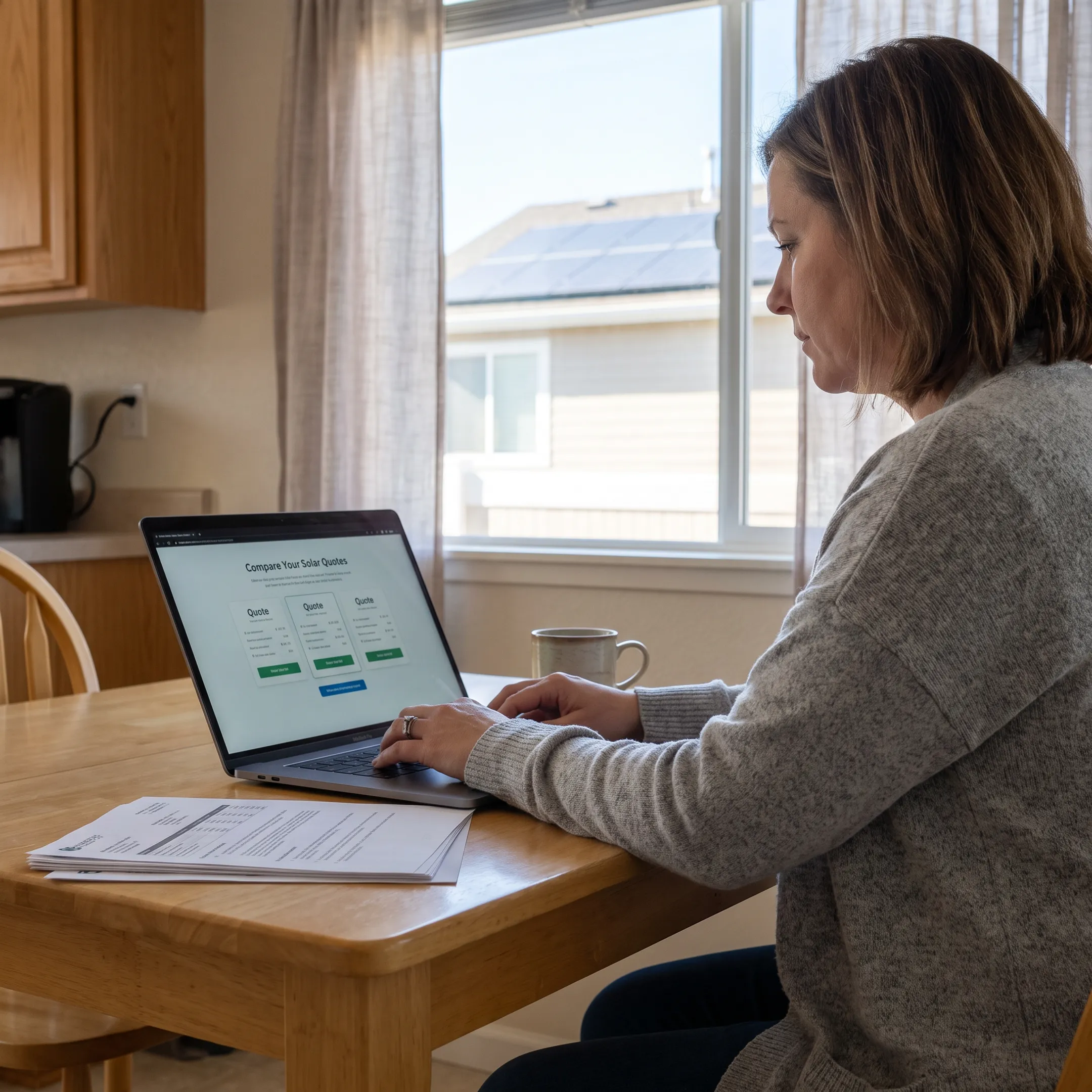Visalia homeowner reviewing solar contractor quotes at home