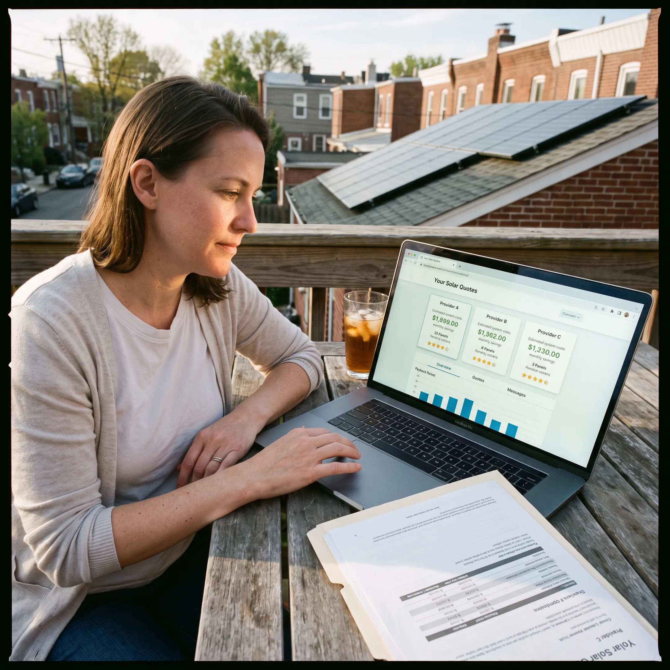 Homeowner reviewing solar installation quotes with rooftop panels visible in Philadelphia