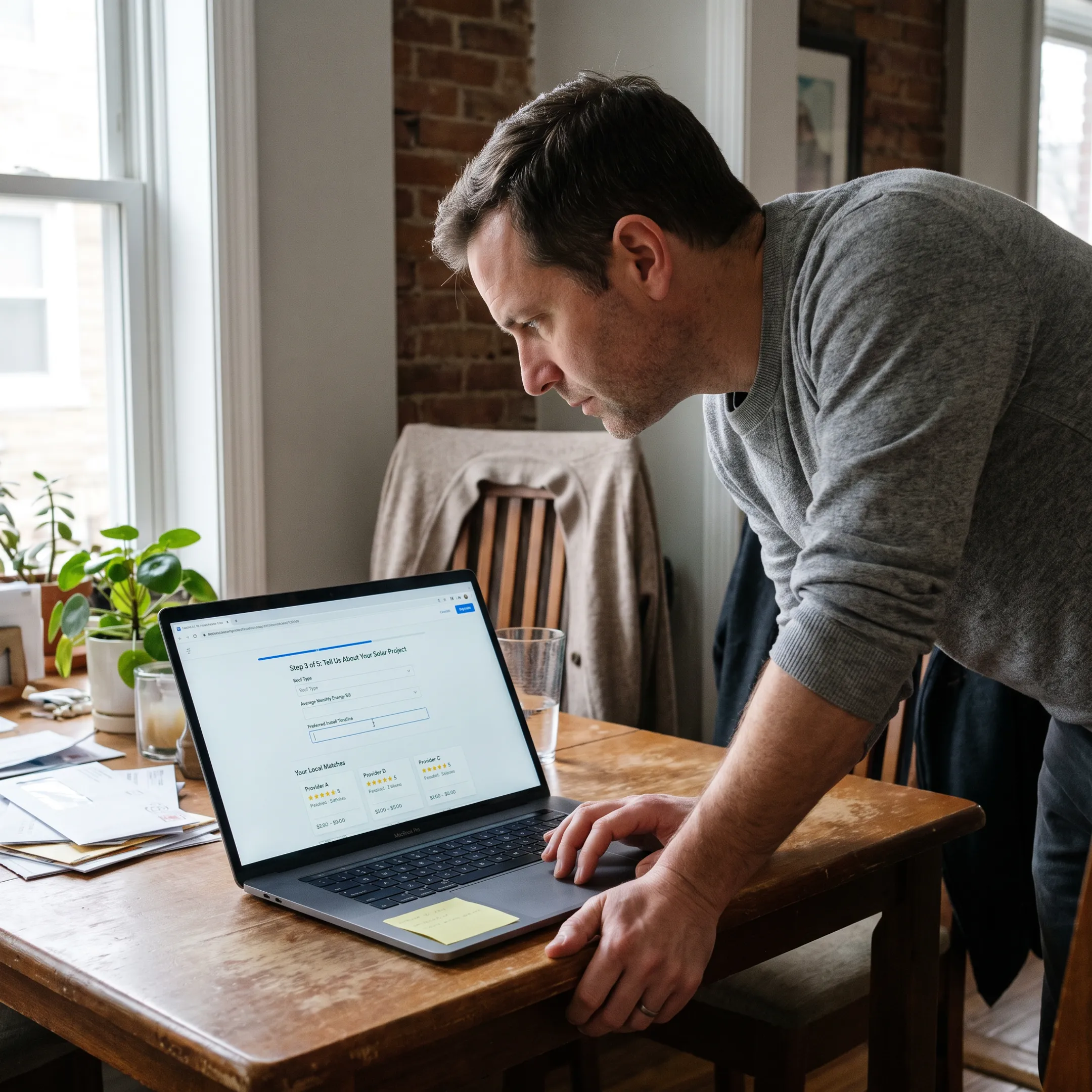 Homeowner completing a solar contractor matching process online