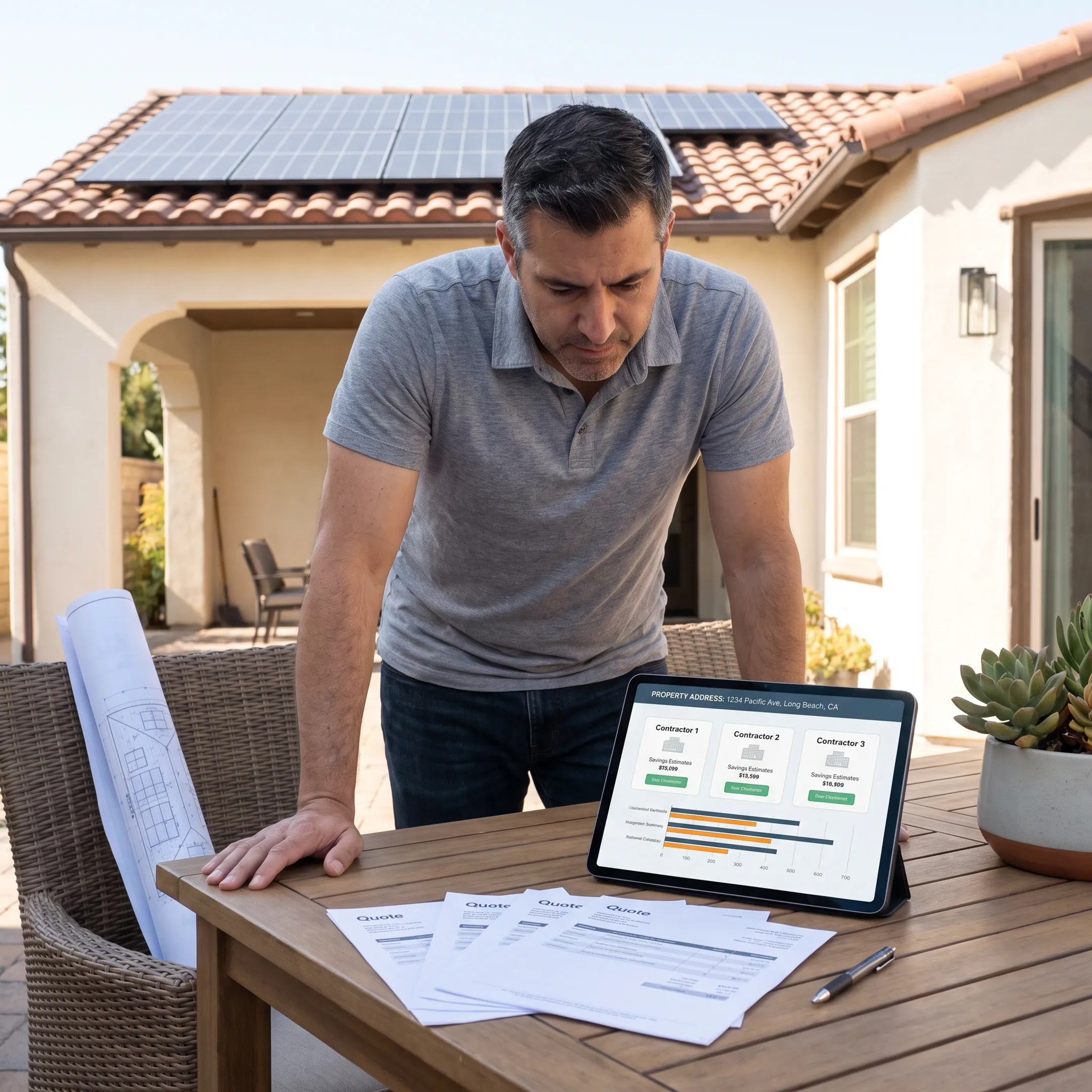 Homeowner reviewing solar installation quotes with a local contractor