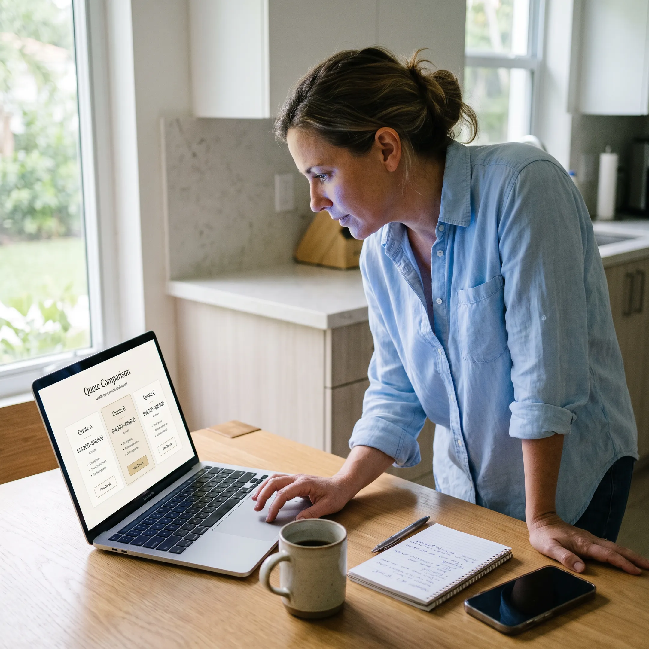 Homeowner comparing solar contractor quote options on a laptop