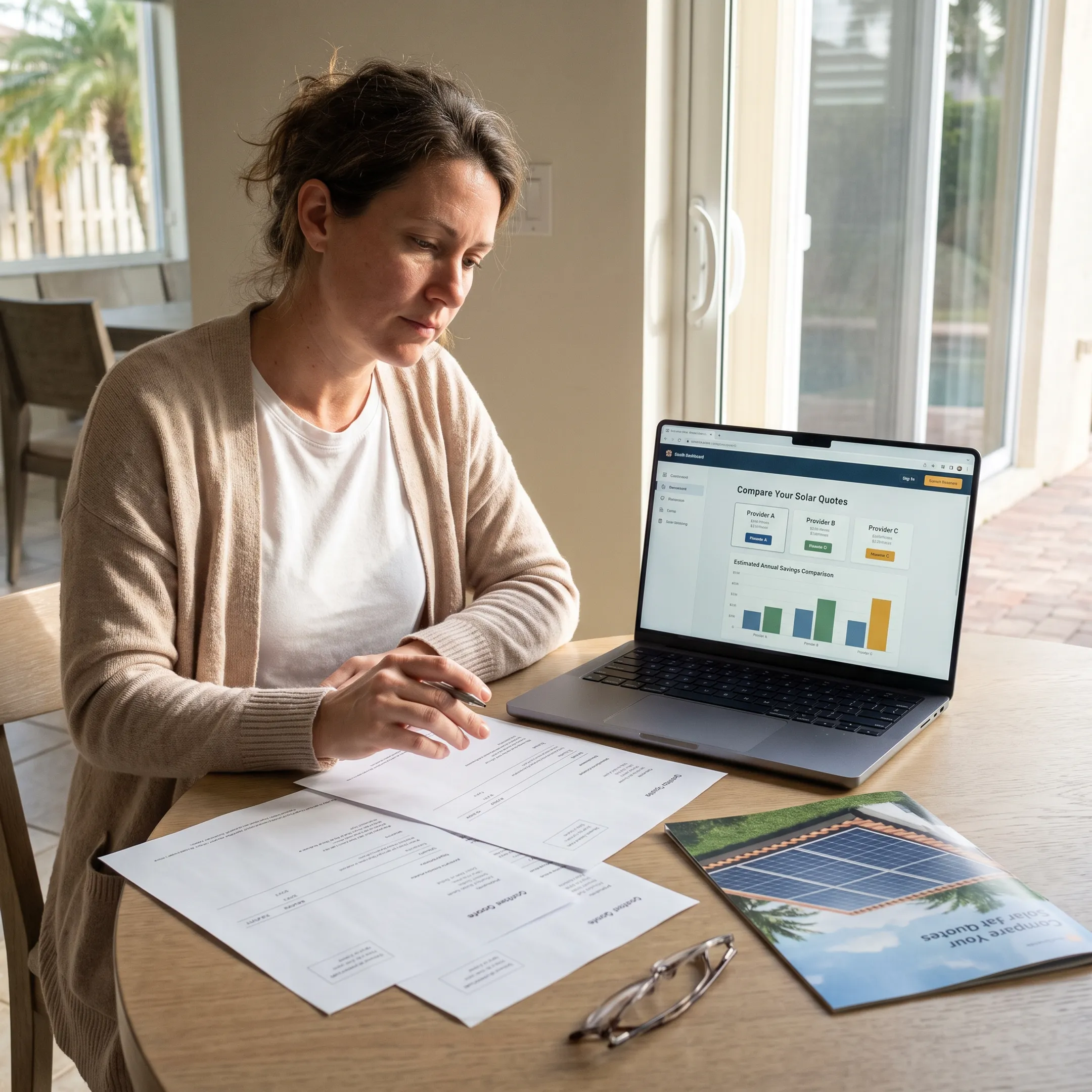 South Florida homeowner reviewing solar contractor quotes with a consultant
