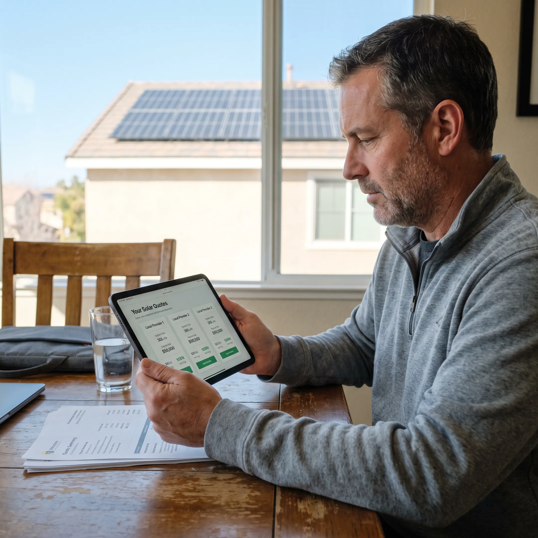 Santa Clarita homeowner reviewing solar contractor quotes at home
