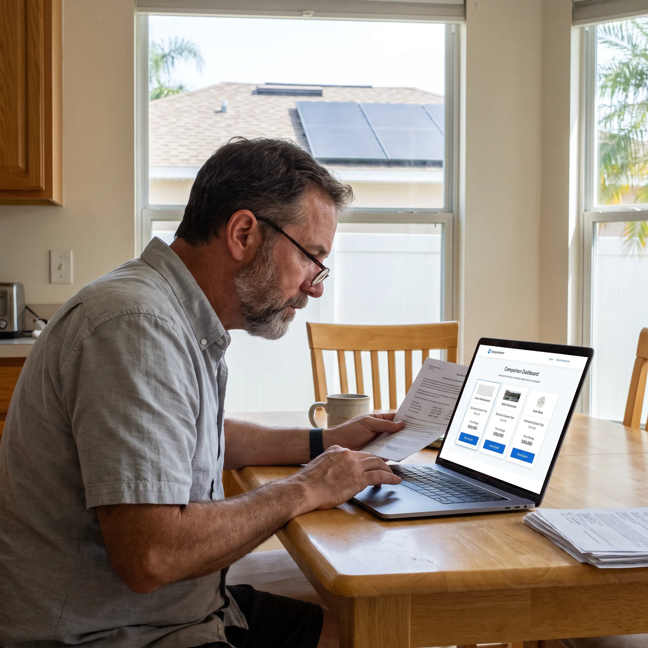 Homeowner reviewing solar contractor quotes for a Florida home