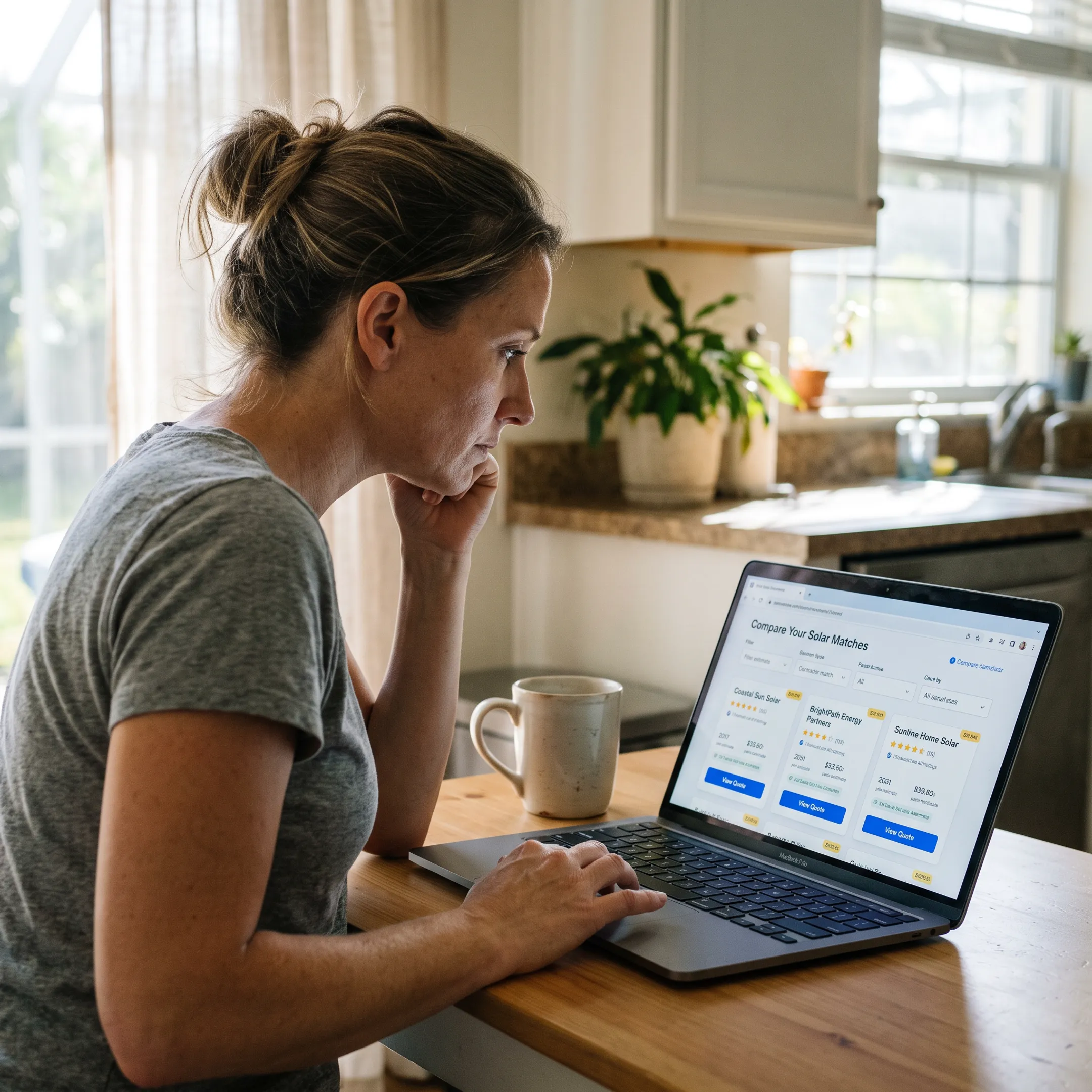 Homeowner comparing solar contractor options on a laptop