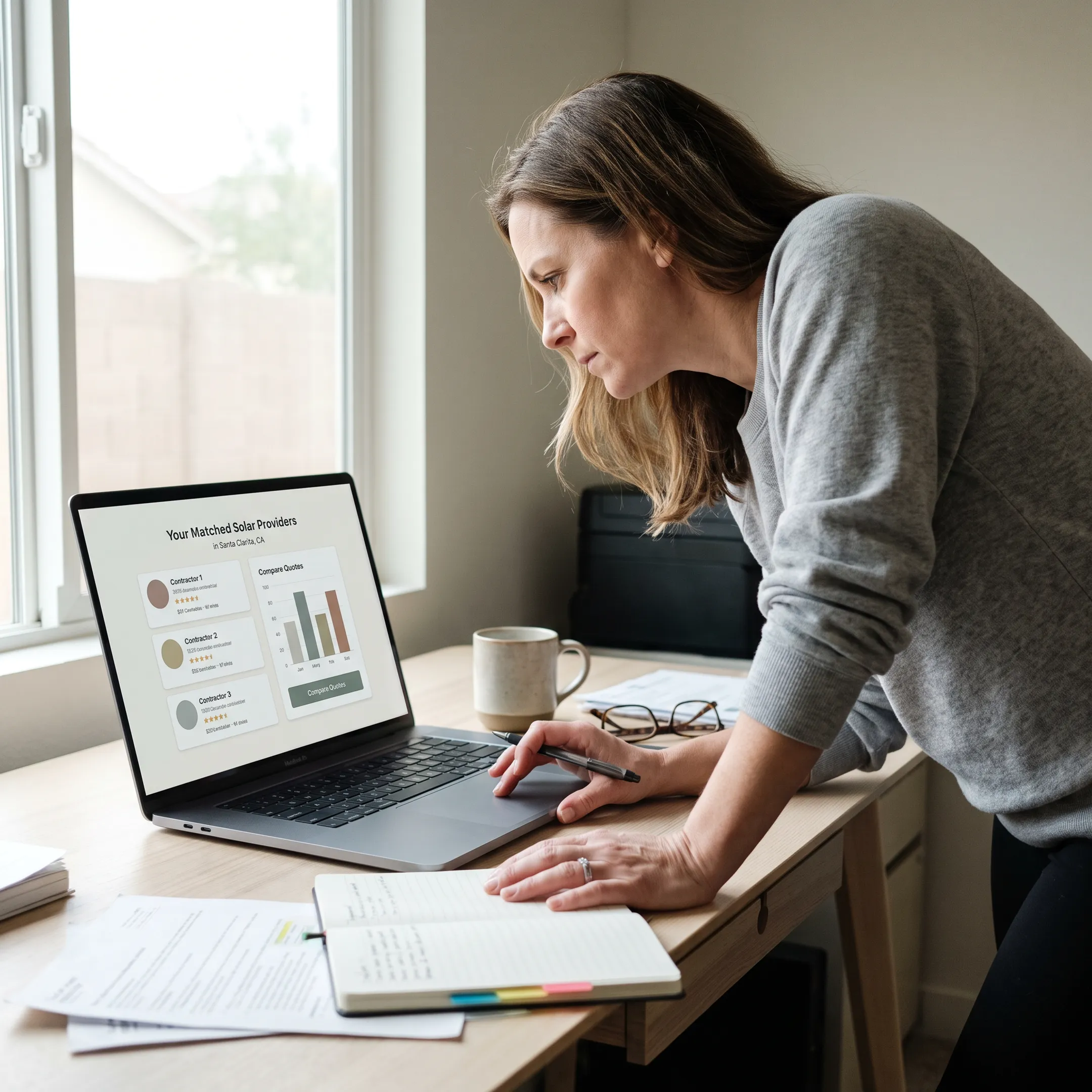 Homeowner comparing solar contractor options online