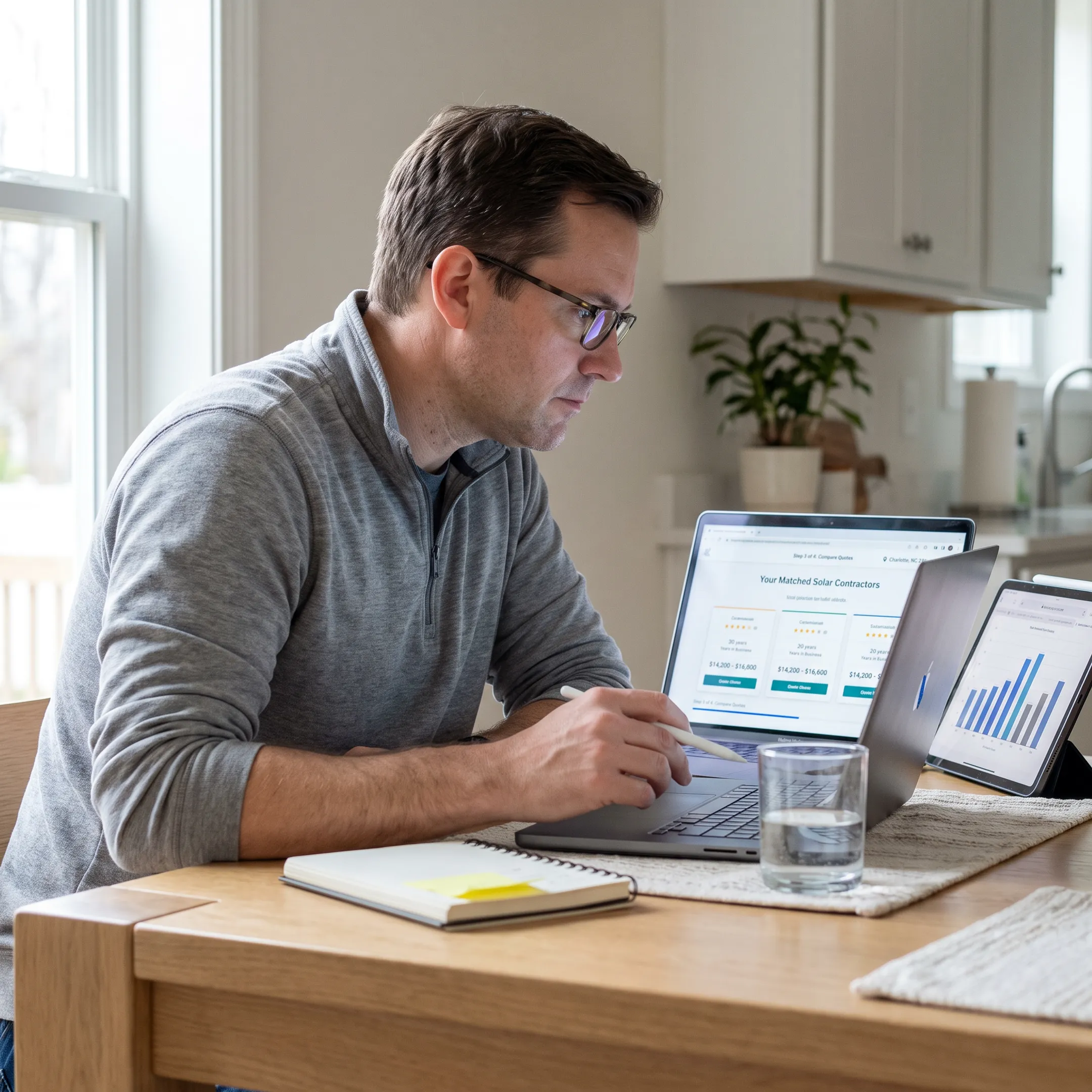 Homeowner comparing matched solar contractors online