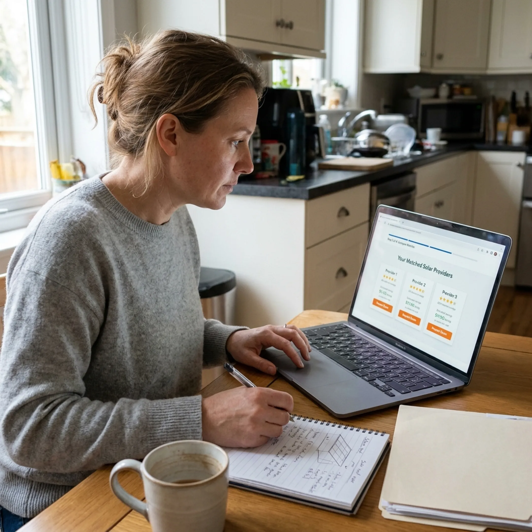 Homeowner comparing matched solar contractors and project quotes