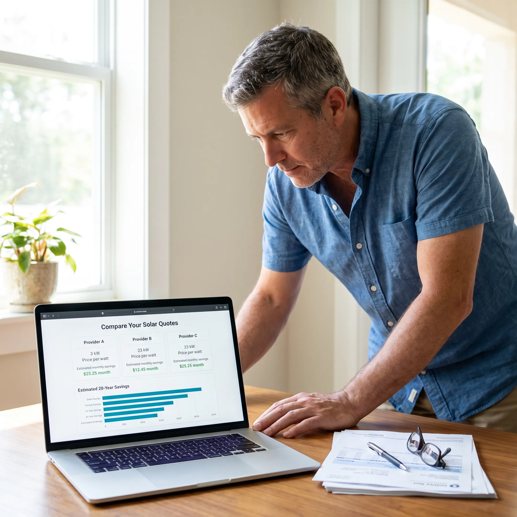 Florida homeowner reviewing solar installation quote options on a laptop