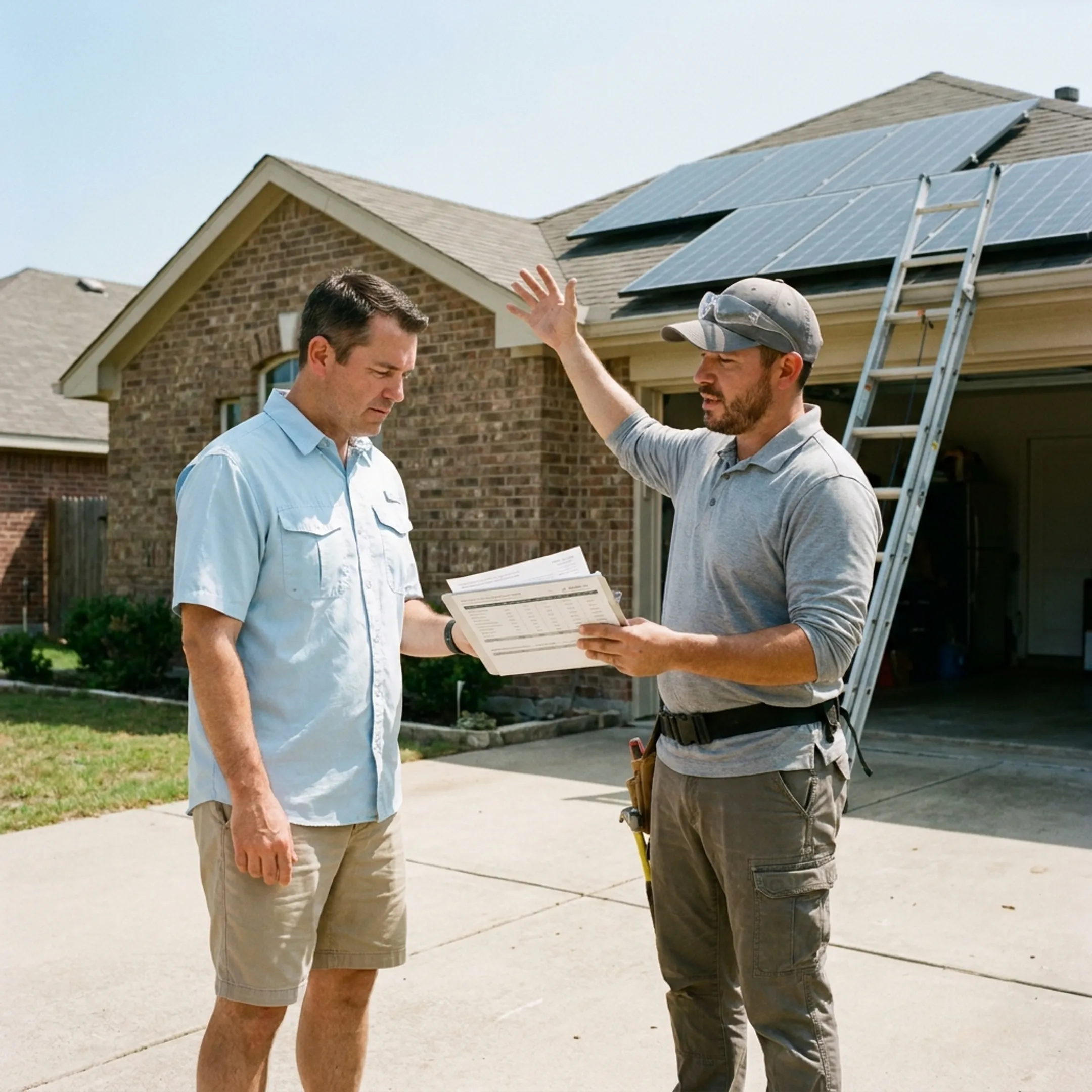 Homeowner reviewing solar installation quotes with a contractor at a Texas residence