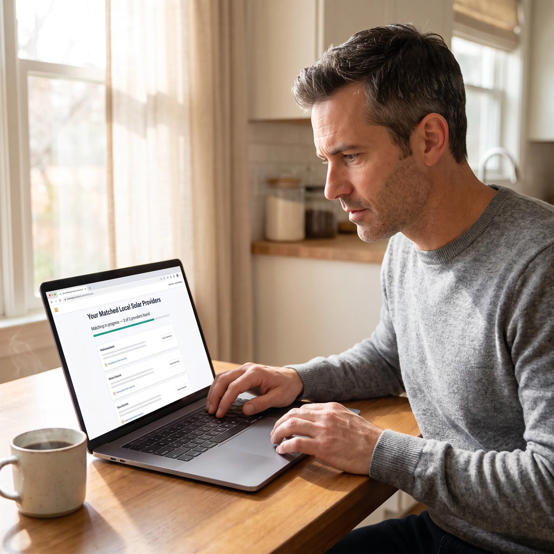 Homeowner completing a solar quote matching process on a laptop