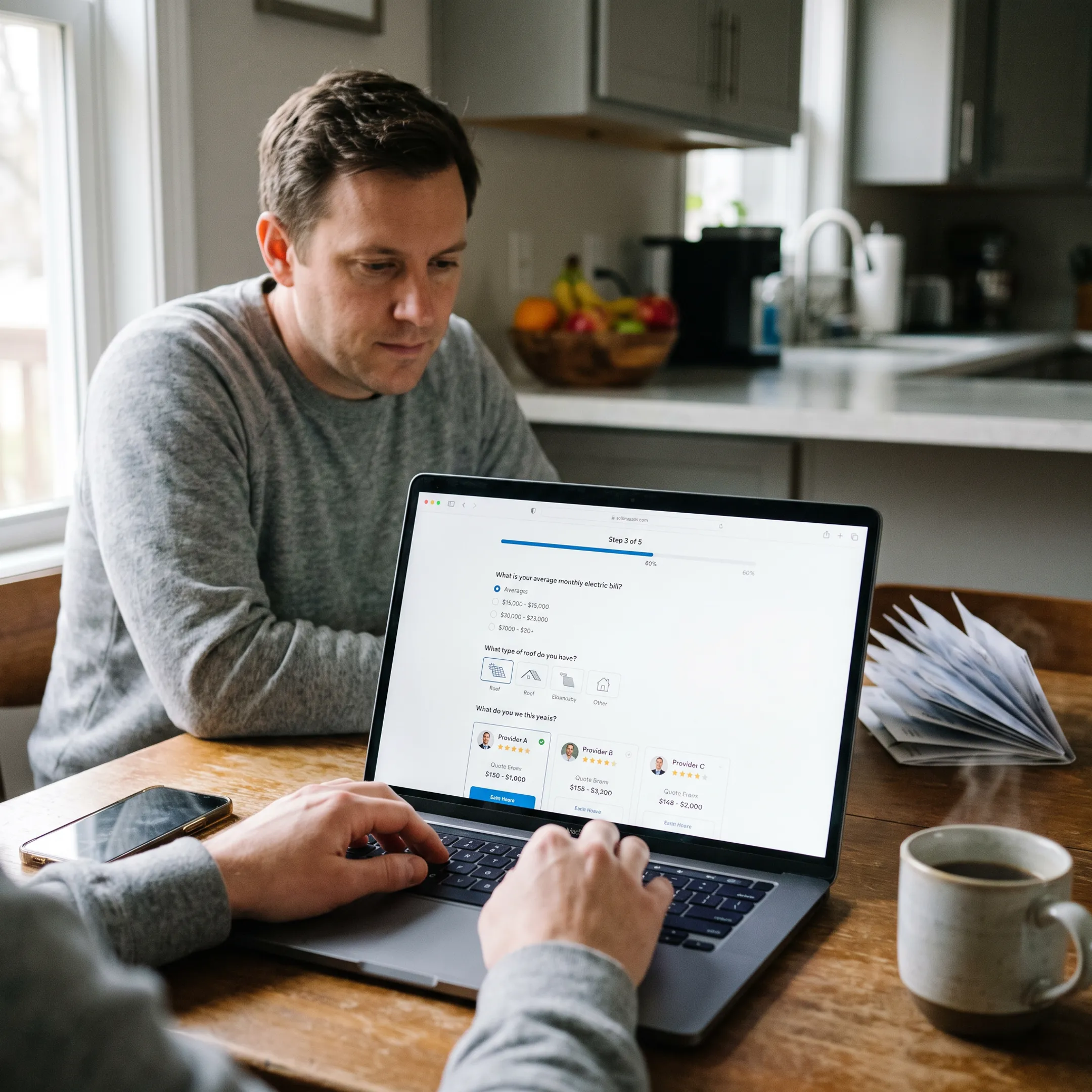 Homeowner completing an online solar quote matching form